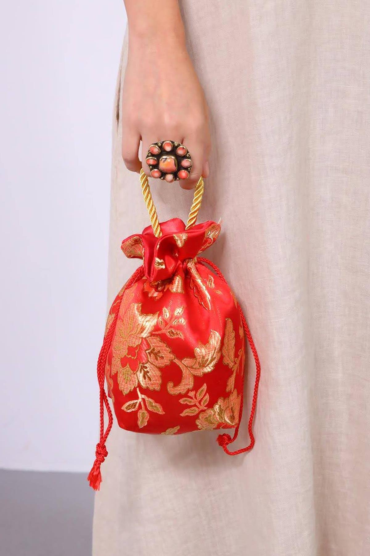 Kırmızı İşlemeli Otantik Kese Çanta - Şaman Butik Kırmızı İşlemeli Otantik Kese Çanta