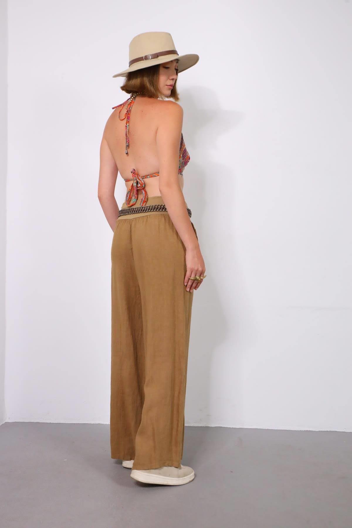 Camel Rengi Cebi Tek Düğmeli Salaş Keten Pantolon - Şaman Butik Camel Rengi Cebi Tek Düğmeli Salaş Keten Pantolon