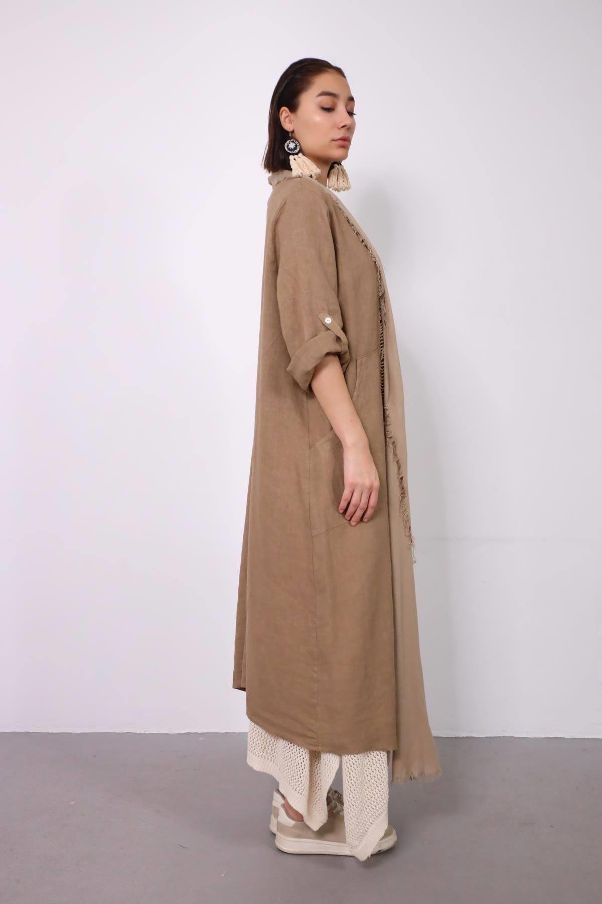 Brown Back Detailed Linen Caftan - Saman Butik | Shop Online Brown Back Detailed Linen Caftan