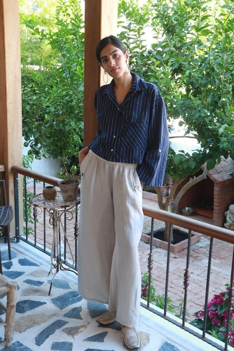 Lacivert Çizgili Keten Crop Gömlek - Şaman Butik Lacivert Çizgili Keten Crop Gömlek