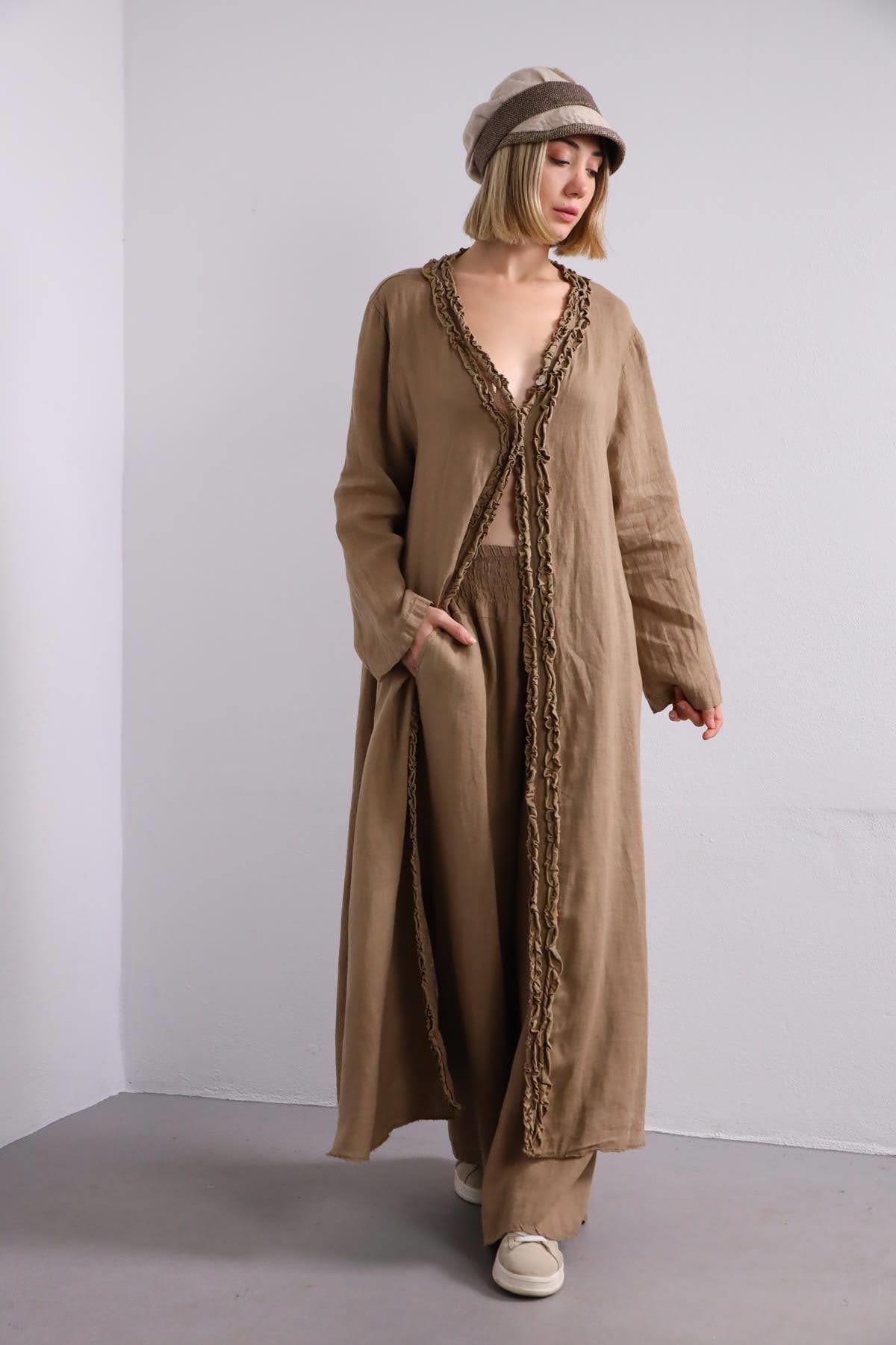 Camel Rengi Kenarları Fırfırlı Keten Kaftan - Şaman Butik Camel Rengi Kenarları Fırfırlı Keten Kaftan