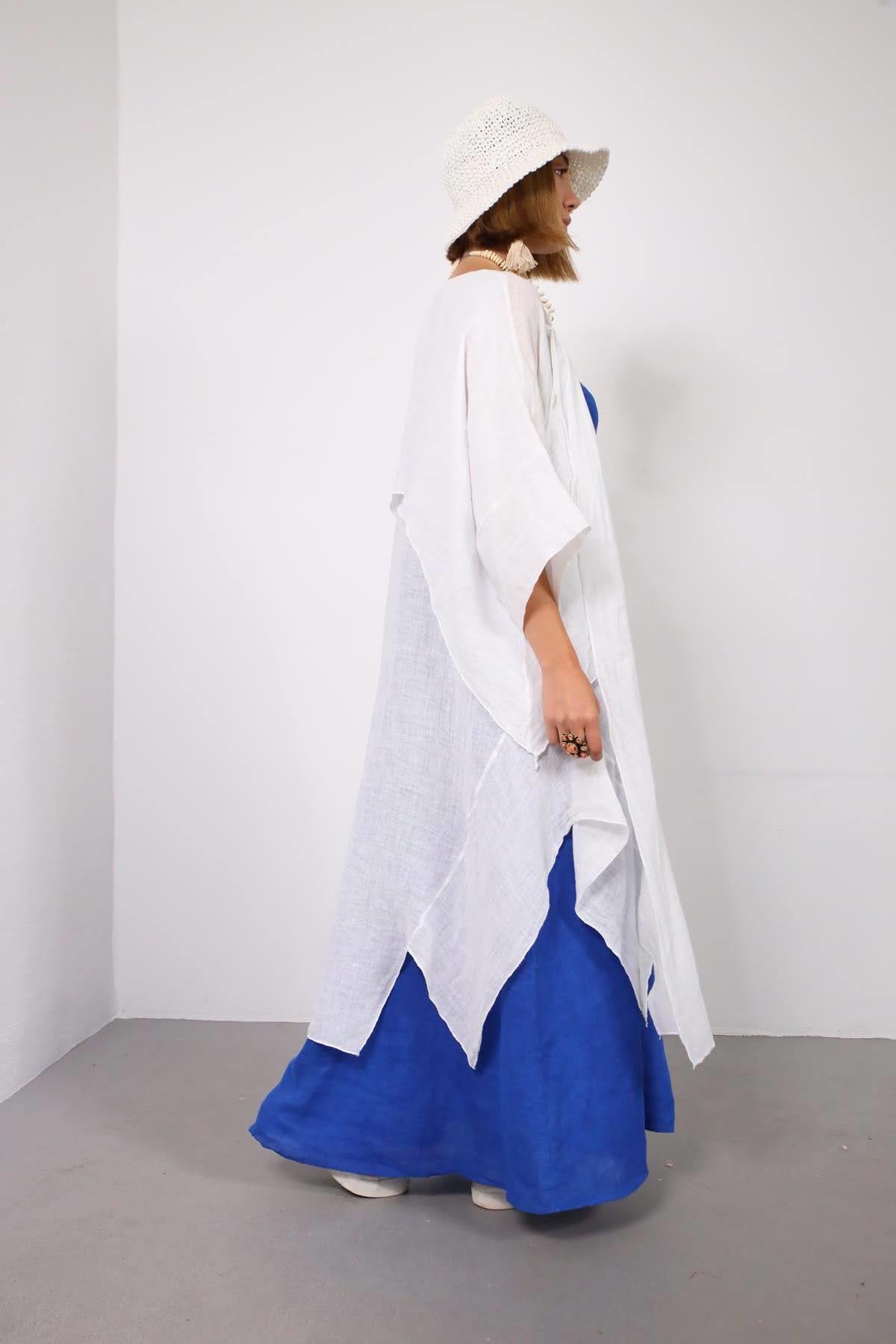 Beyaz Parça Detaylı Keten Kaftan - Şaman Butik Beyaz Parça Detaylı Keten Kaftan