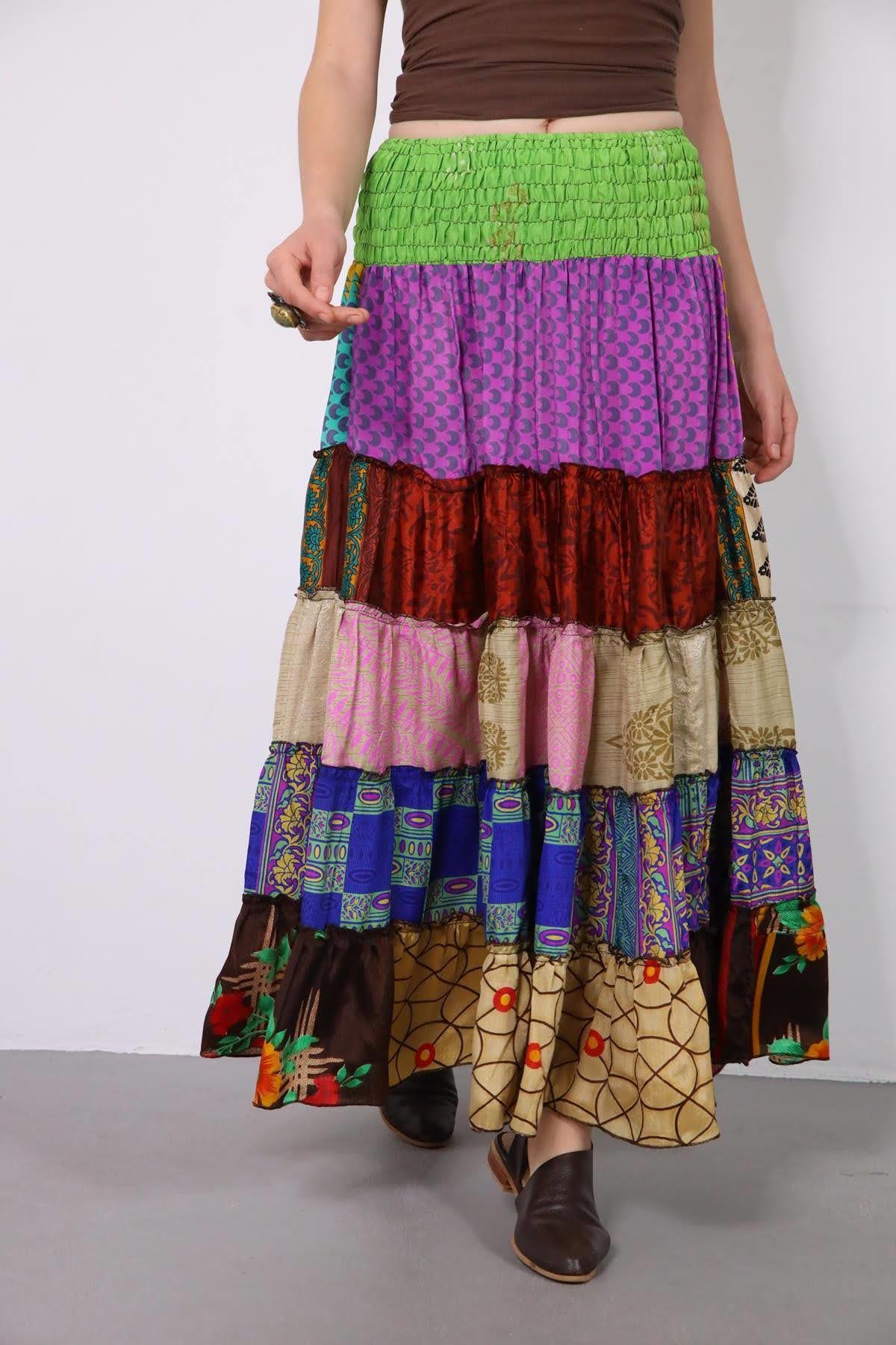 Renkli Beli Lastikli Otantik Desenli Patchwork Etek - Şaman Butik Renkli Beli Lastikli Otantik Desenli Patchwork Etek
