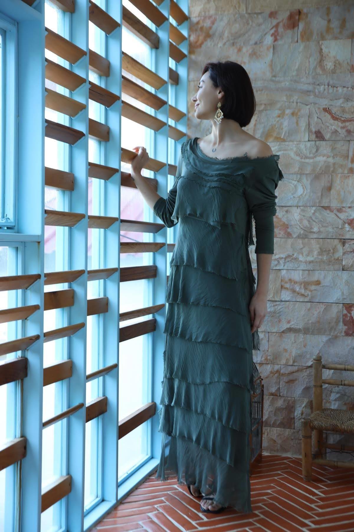  Emerald Green Silk Multi-Layered  Long Dress - Şaman Butik | Boho Fashion  Emerald Green Silk Multi-Layered  Long Dress