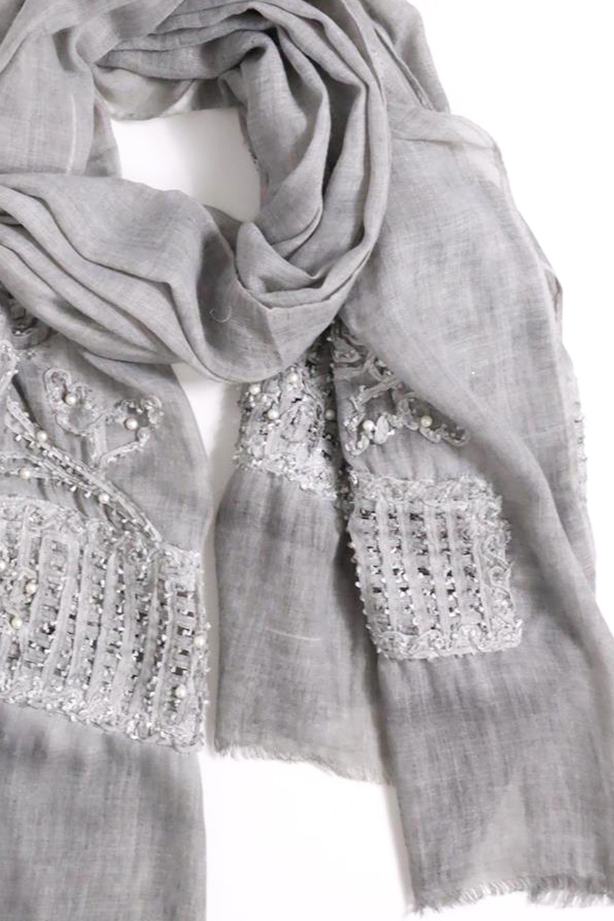 Gray Net Detail Pearl Embroidered Shawl - Saman Butik | Shop Online Gray Net Detail Pearl Embroidered Shawl