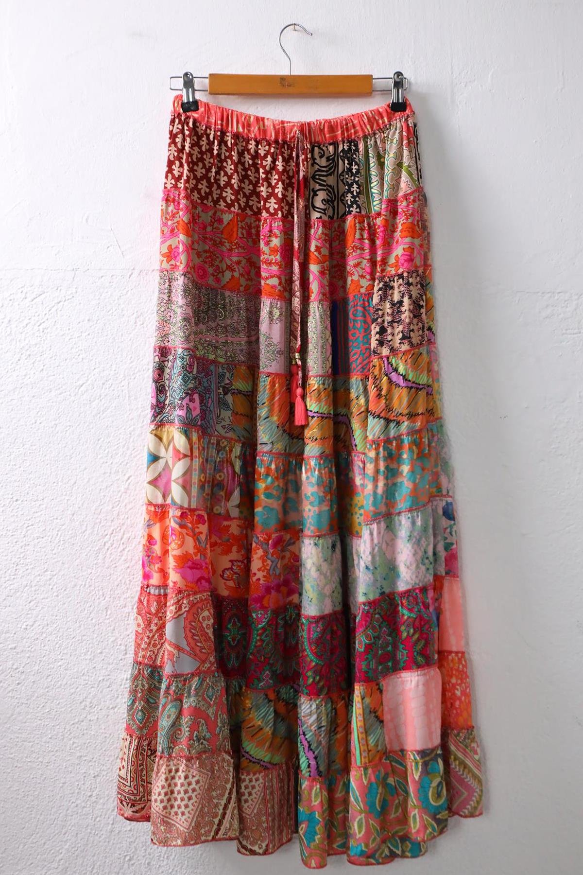  Renkli Patchwork Otantik İpek Etek