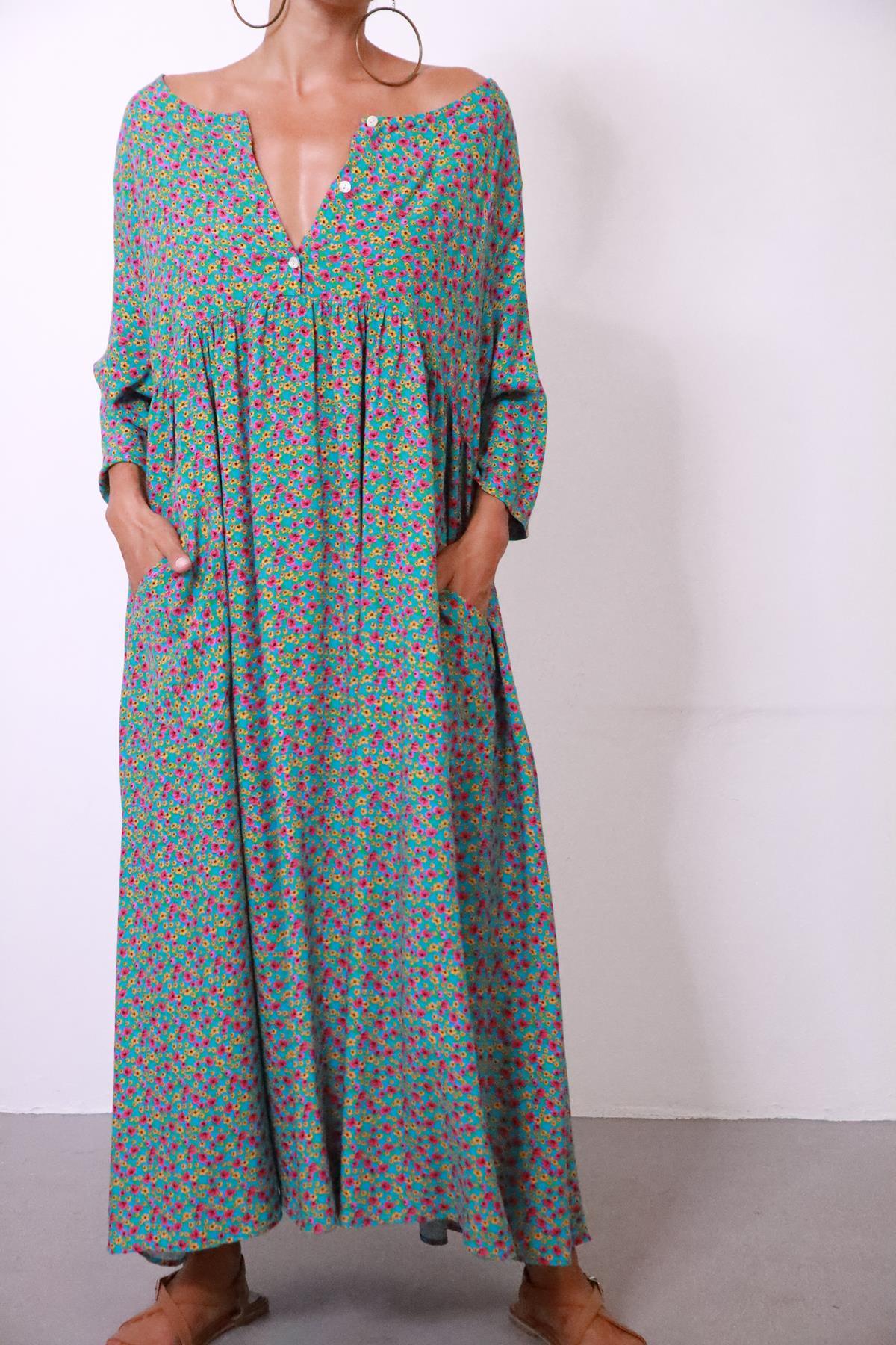 Turquoise Floral Buttoned Dress - Şaman Butik | Shop Online Turquoise Floral Buttoned Dress