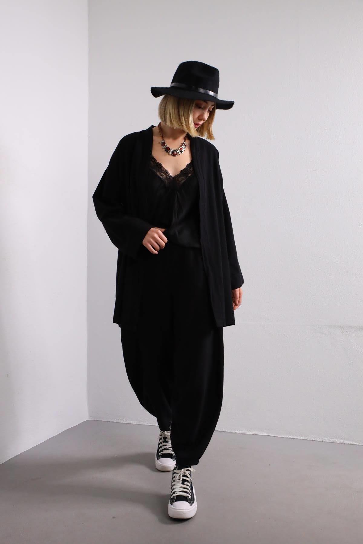 Siyah Dikiş Detaylı Keten Kimono Takım - Şaman Butik Siyah Dikiş Detaylı Keten Kimono Takım