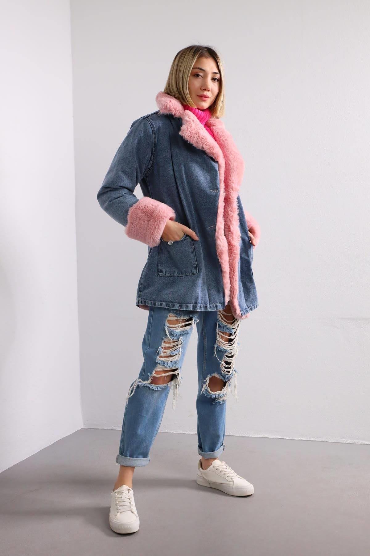 Mavi Pembe Kürklü Kot Ceket - Şaman Butik Mavi Pembe Kürklü Kot Ceket