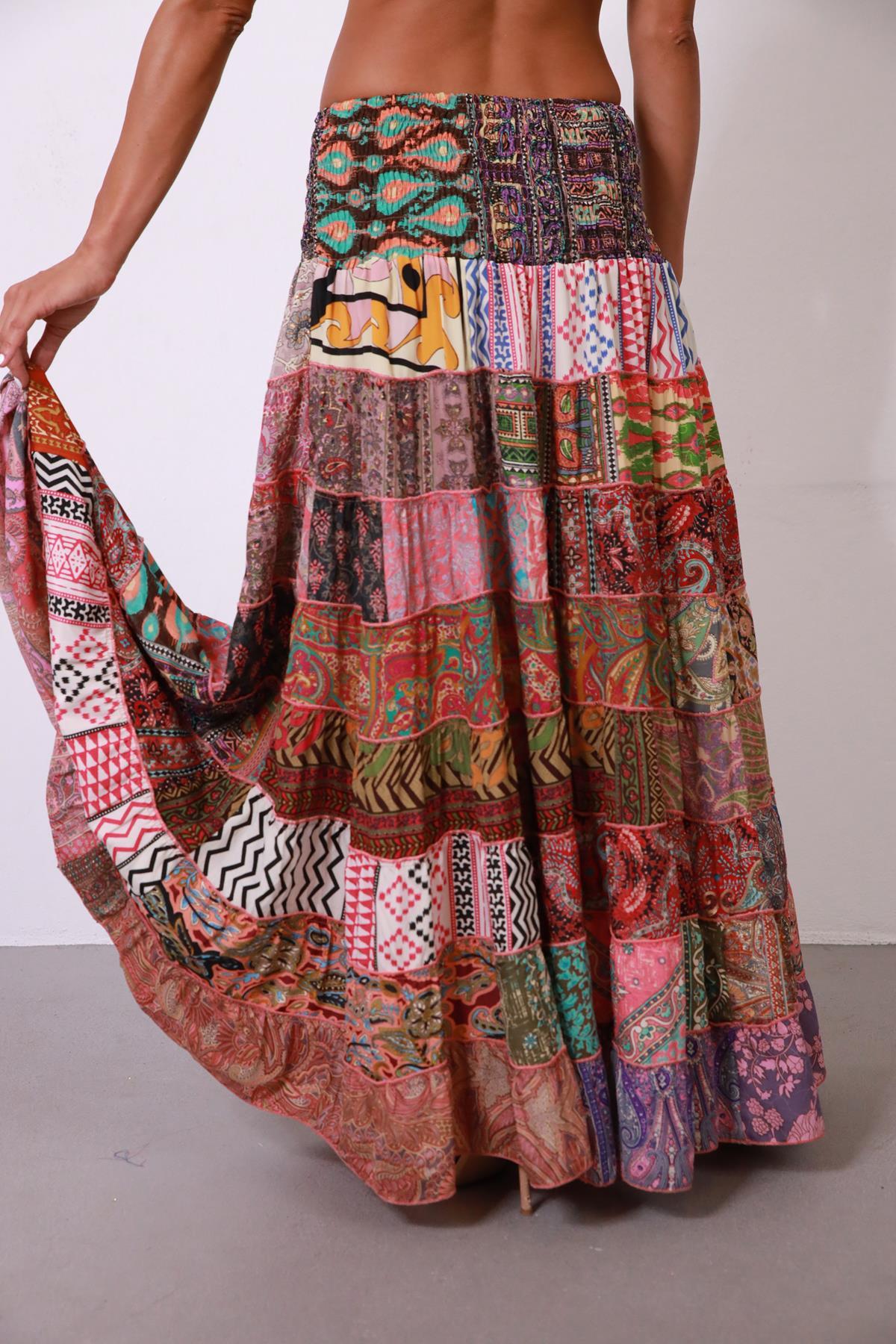 Renkli Beli Lastikli Otantik Desenli Patchwork Etek - Şaman Butik Renkli Beli Lastikli Otantik Desenli Patchwork Etek