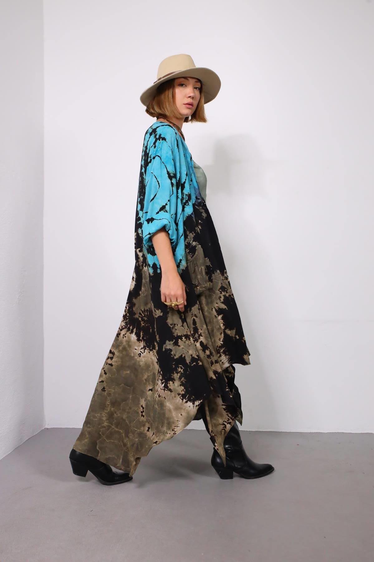 Black Tie Dye Pattern Pocket Design Caftan - Saman Butik | Shop Online Black Tie Dye Pattern Pocket Design Caftan