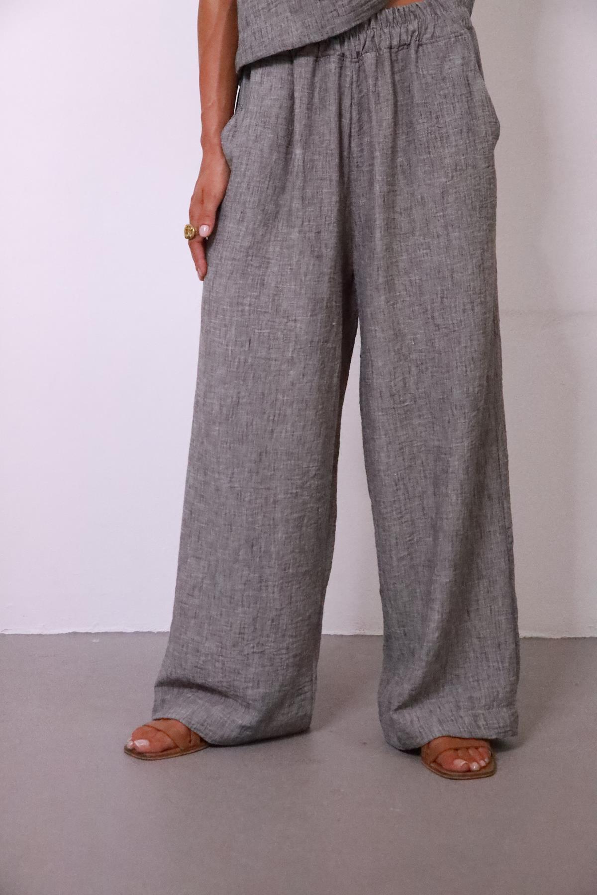  Gri Keten Crop ve Pantolon Takım