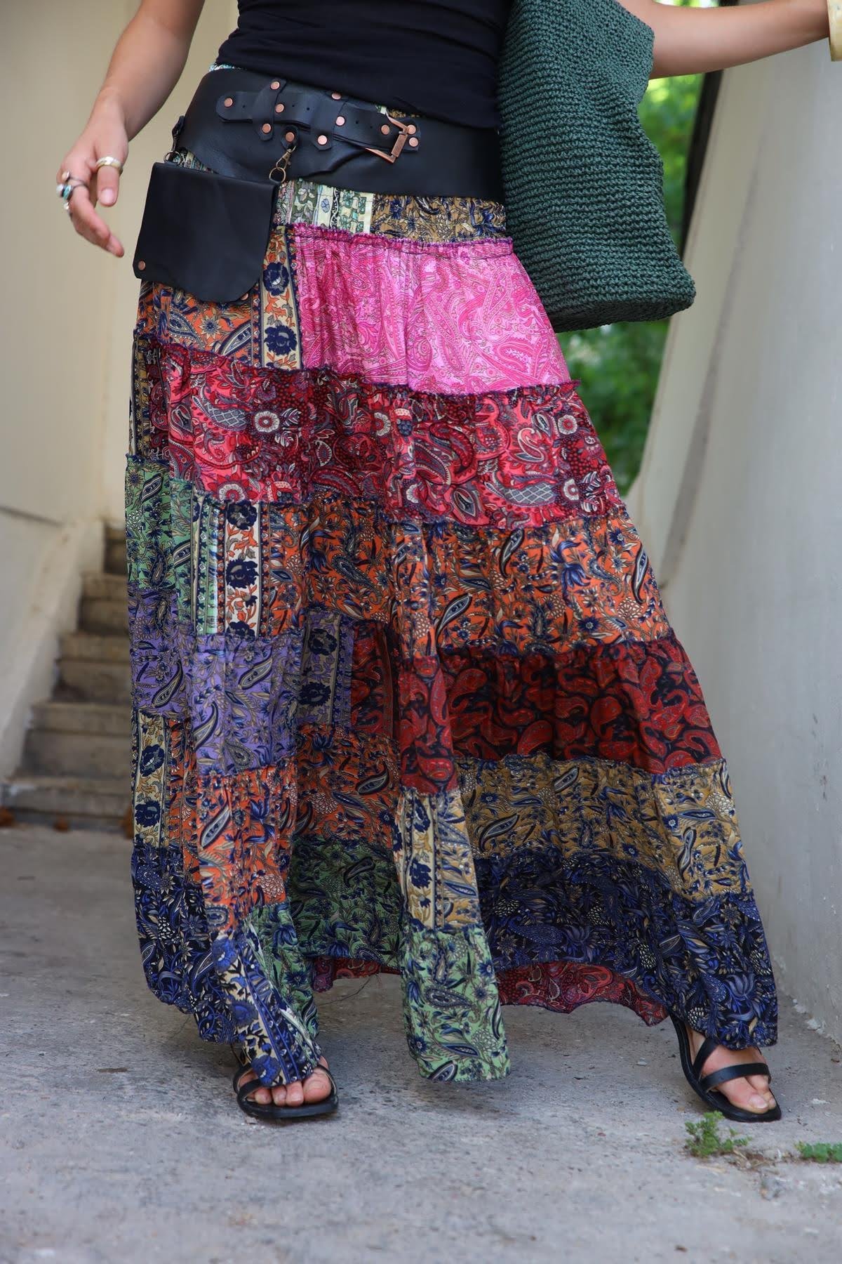  Renkli Beli Lastikli Otantik Desenli Patchwork Etek