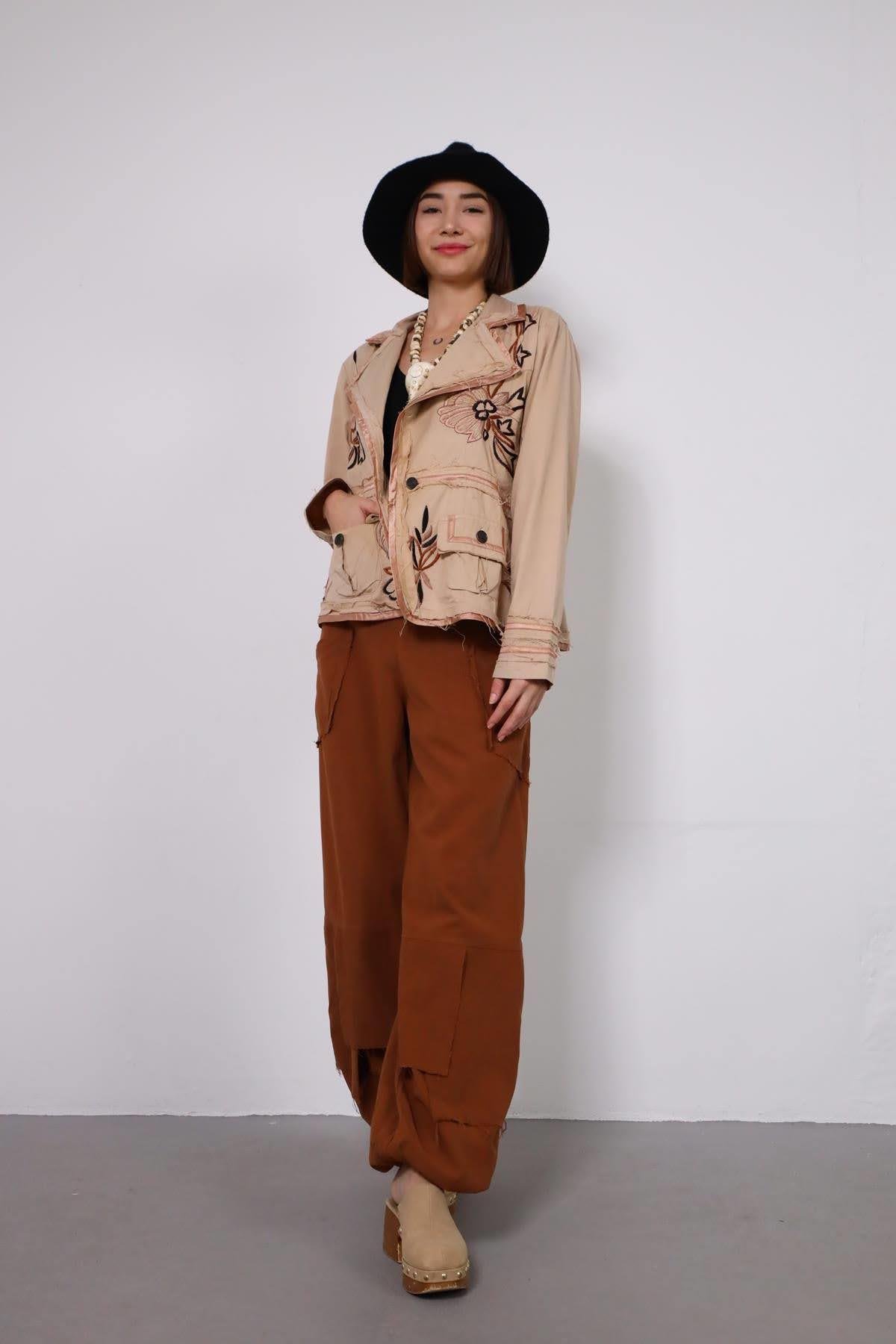Saman Butik | Shop Online Light Brown Stitched Pockets Trousers