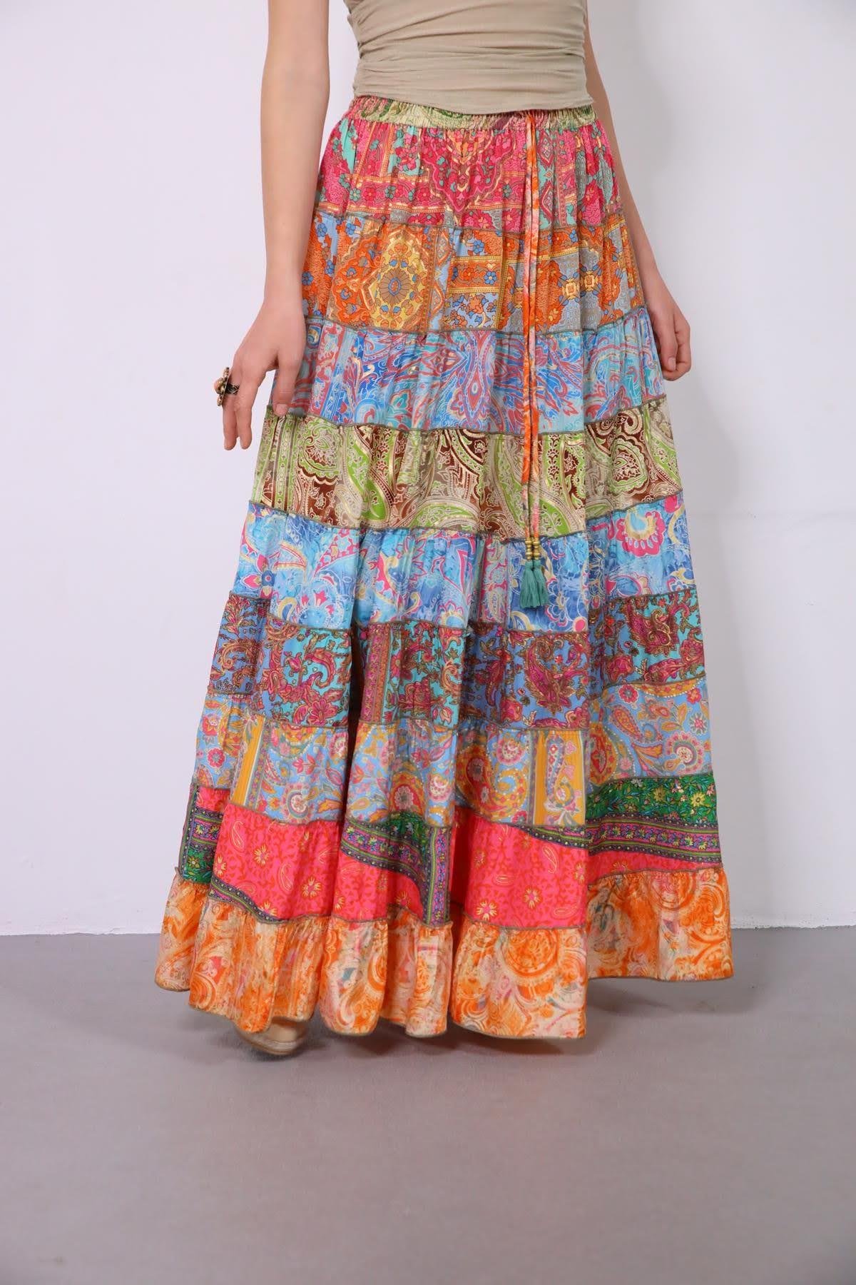  Renkli Patchwork Otantik İpek Etek