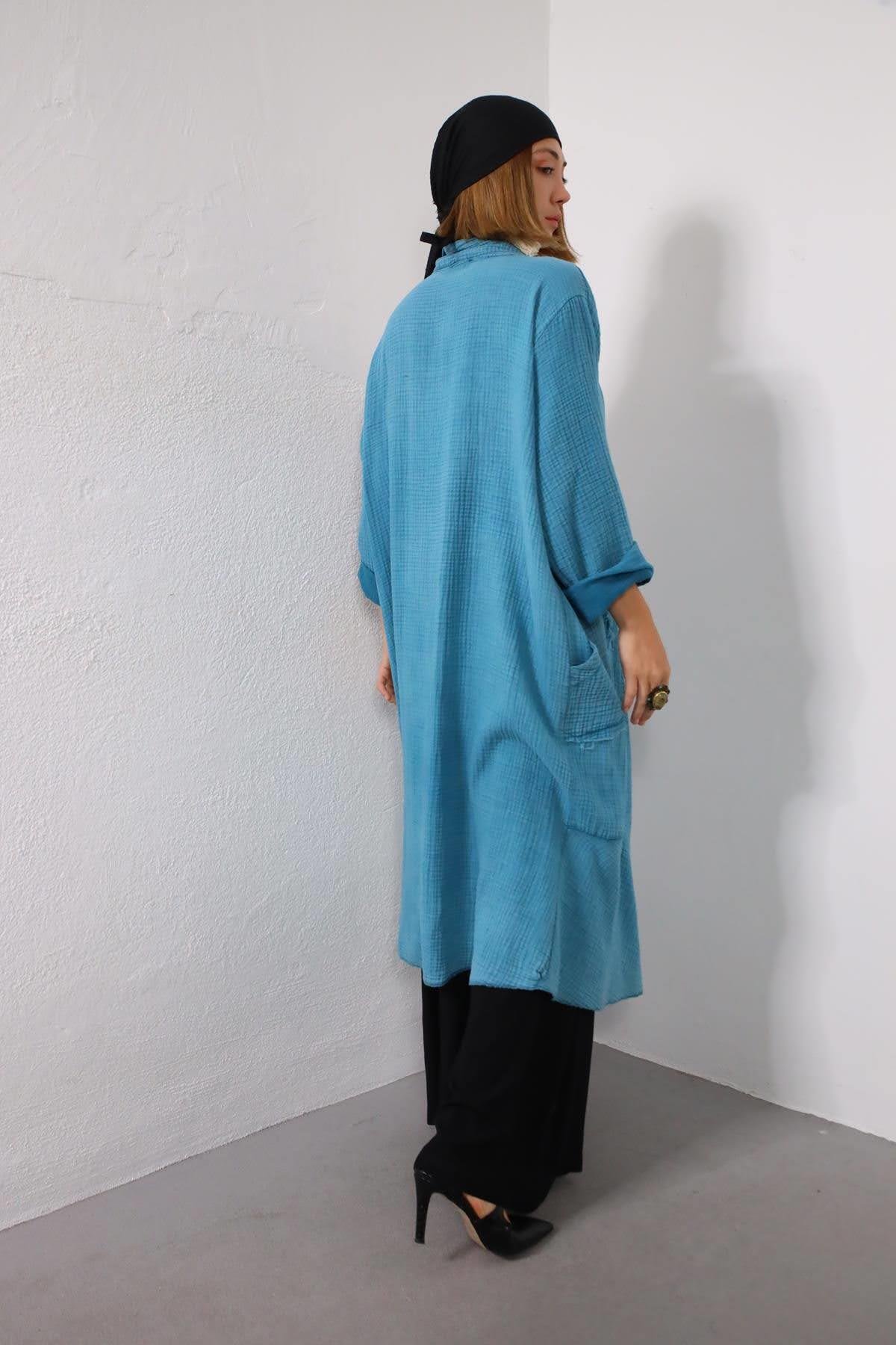 Light Blue Tasseled Pocket Detailed Muslin Caftan - Saman Butik | Shop Online Light Blue Tasseled Pocket Detailed Muslin Caftan