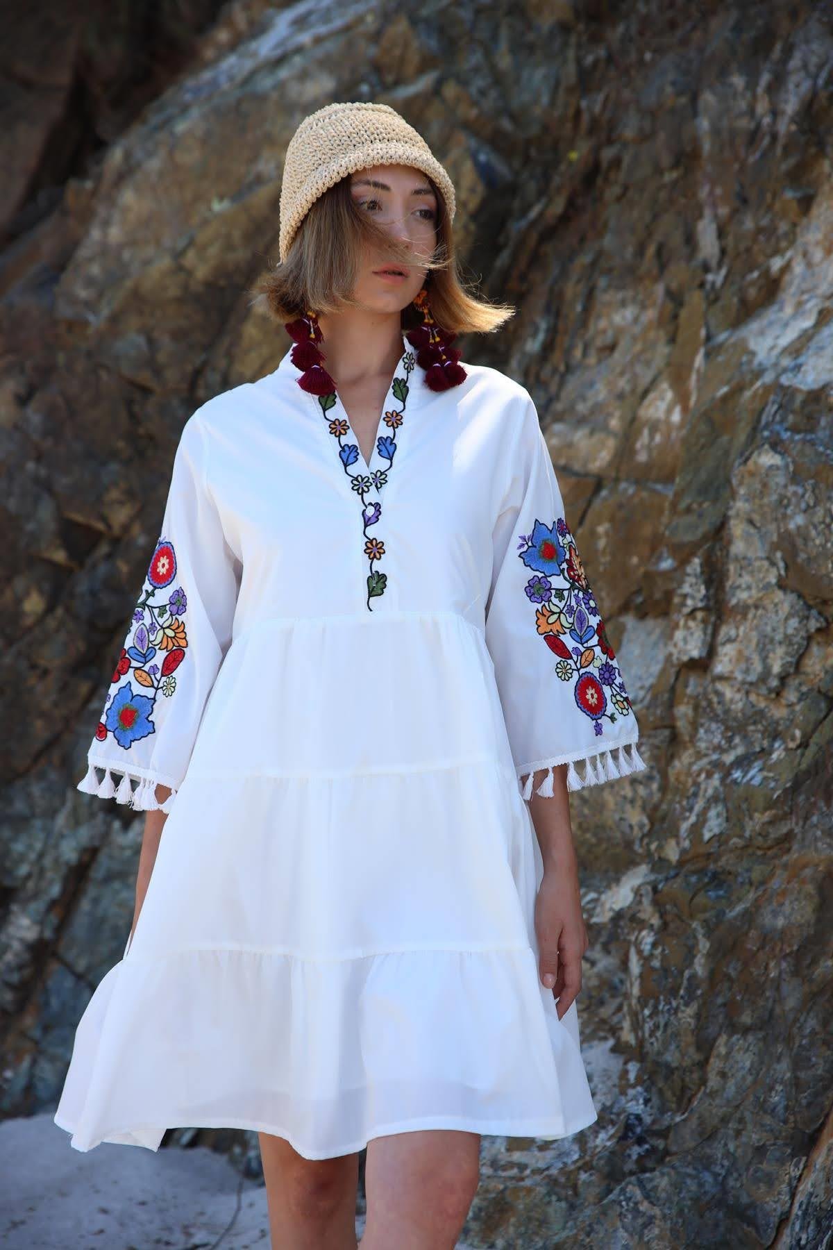Saman Butik | Shop Online White Embroidered Dress with Pompom Tassels
