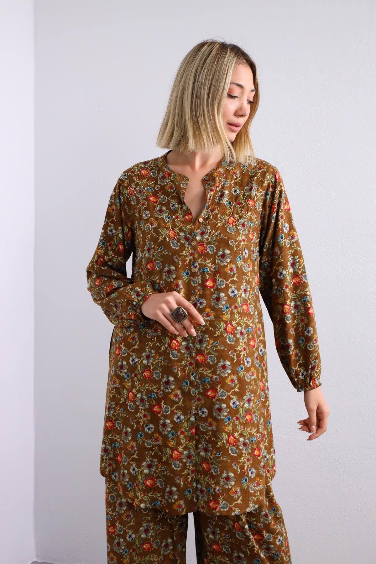Yağ Yeşili Boncuk Detay Çiçekli Takım - Şaman Butik Yağ Yeşili Boncuk Detay Çiçekli Takım