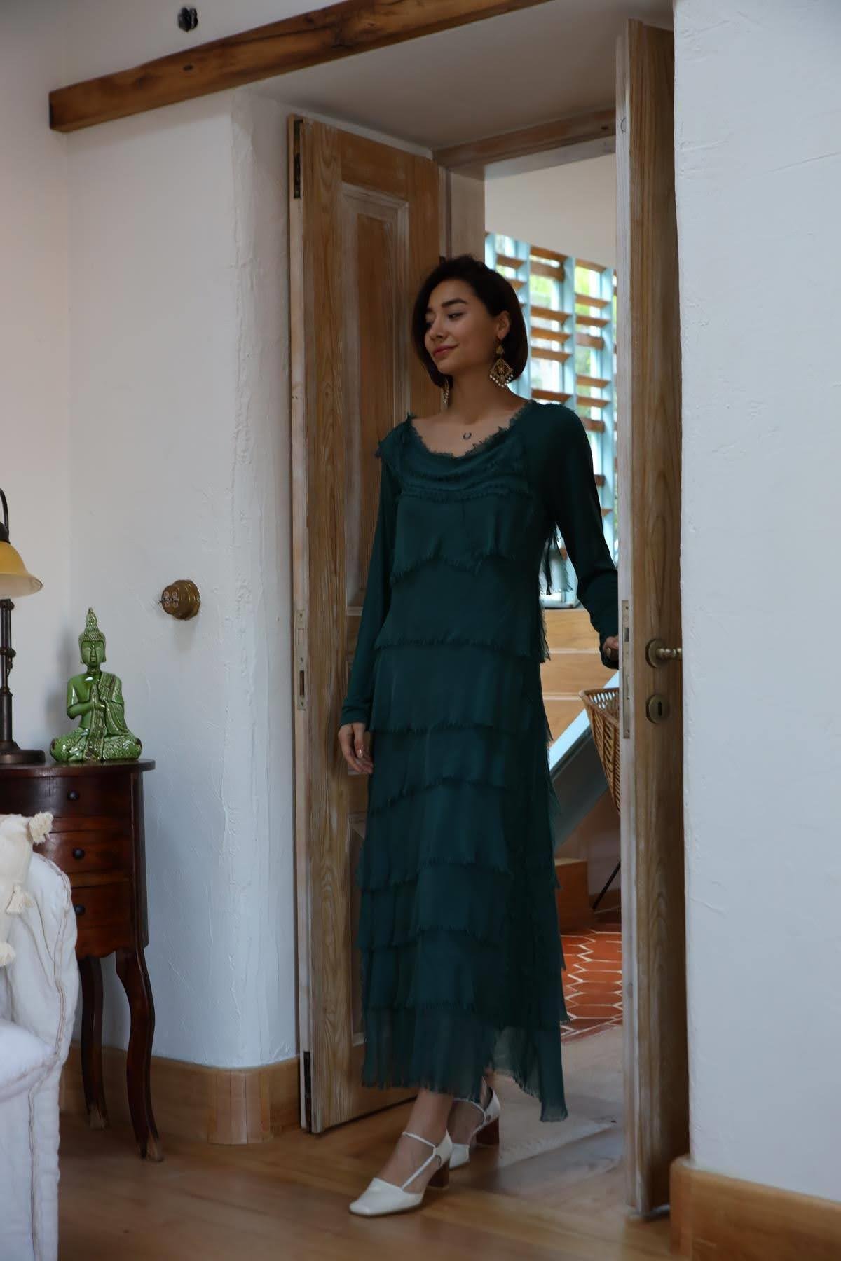  Emerald Green Silk Multi-Layered  Long Dress - Şaman Butik | Boho Fashion  Emerald Green Silk Multi-Layered  Long Dress