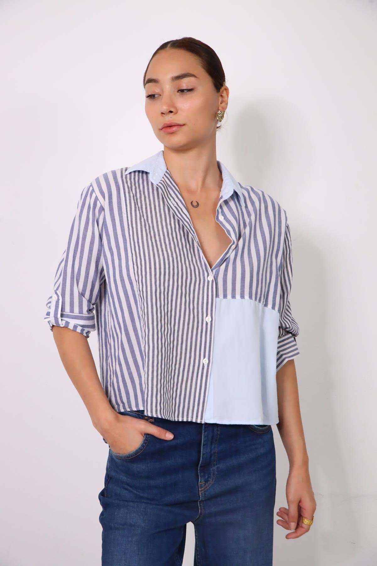 Mavi Yakalı Çizgili Gömlek - Şaman Butik Mavi Yakalı Çizgili Gömlek