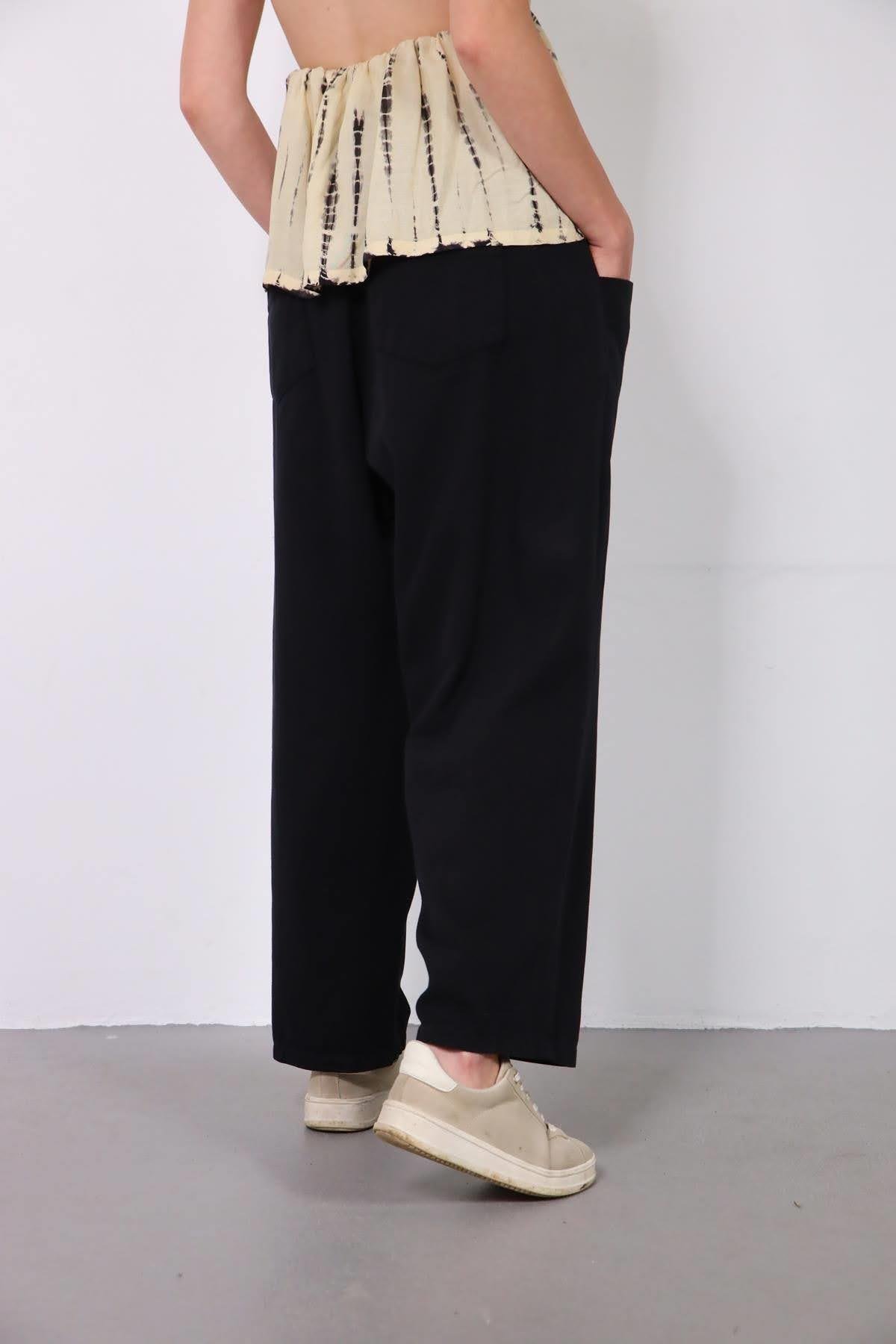  Siyah Beli Lastikli Çift Cepli Gabardin Pantolon