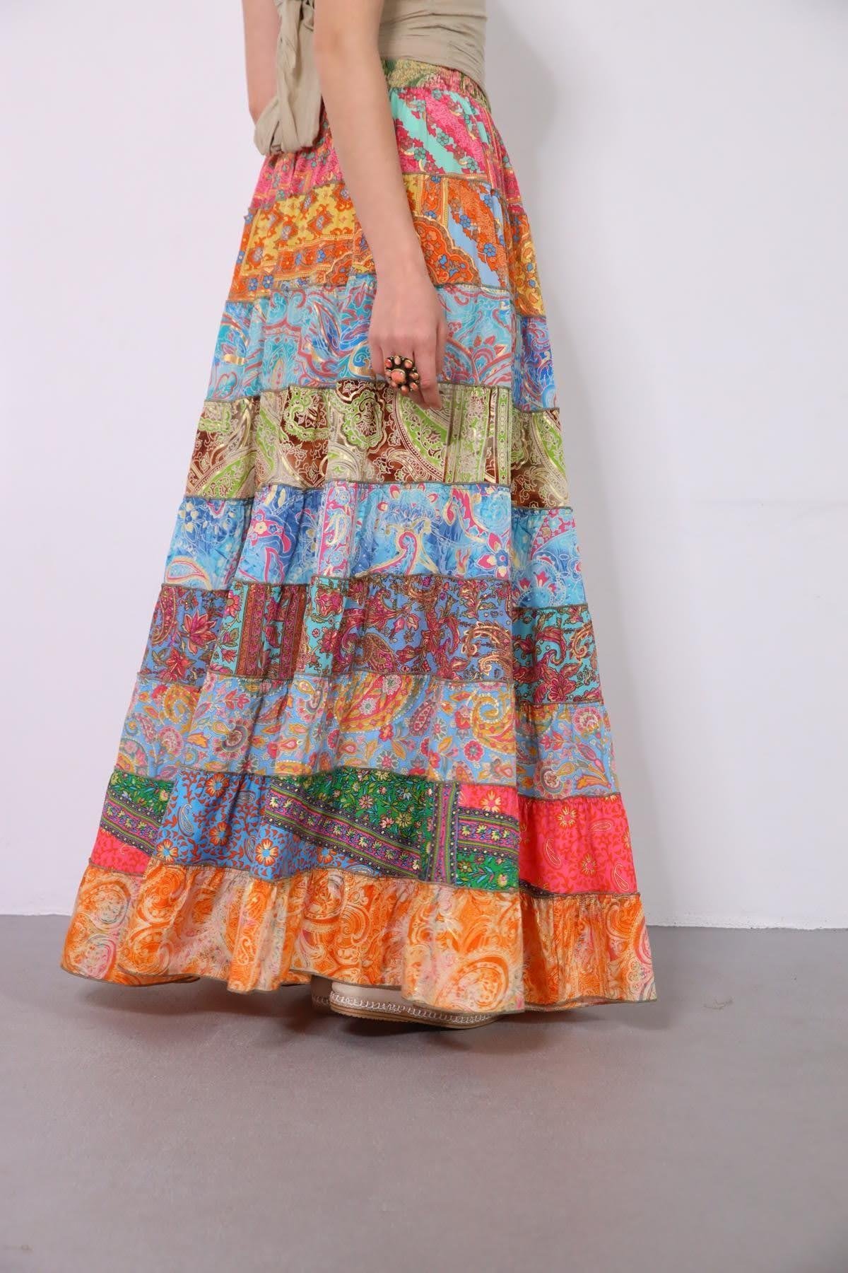  Renkli Patchwork Otantik İpek Etek