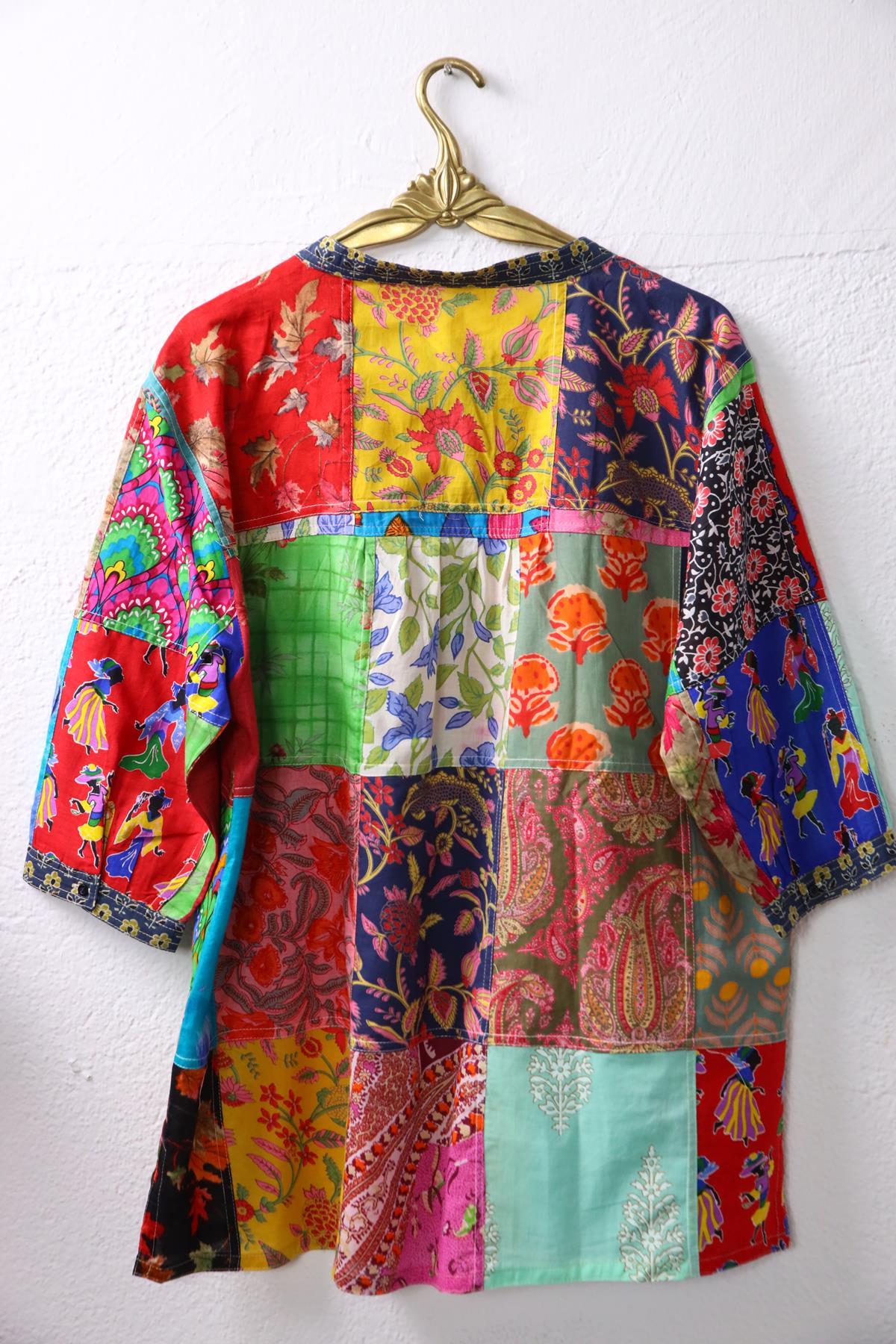 Pastel Lacivert Yakası Düğmeli Patchwork Tunik - Şaman Butik Pastel Lacivert Yakası Düğmeli Patchwork Tunik