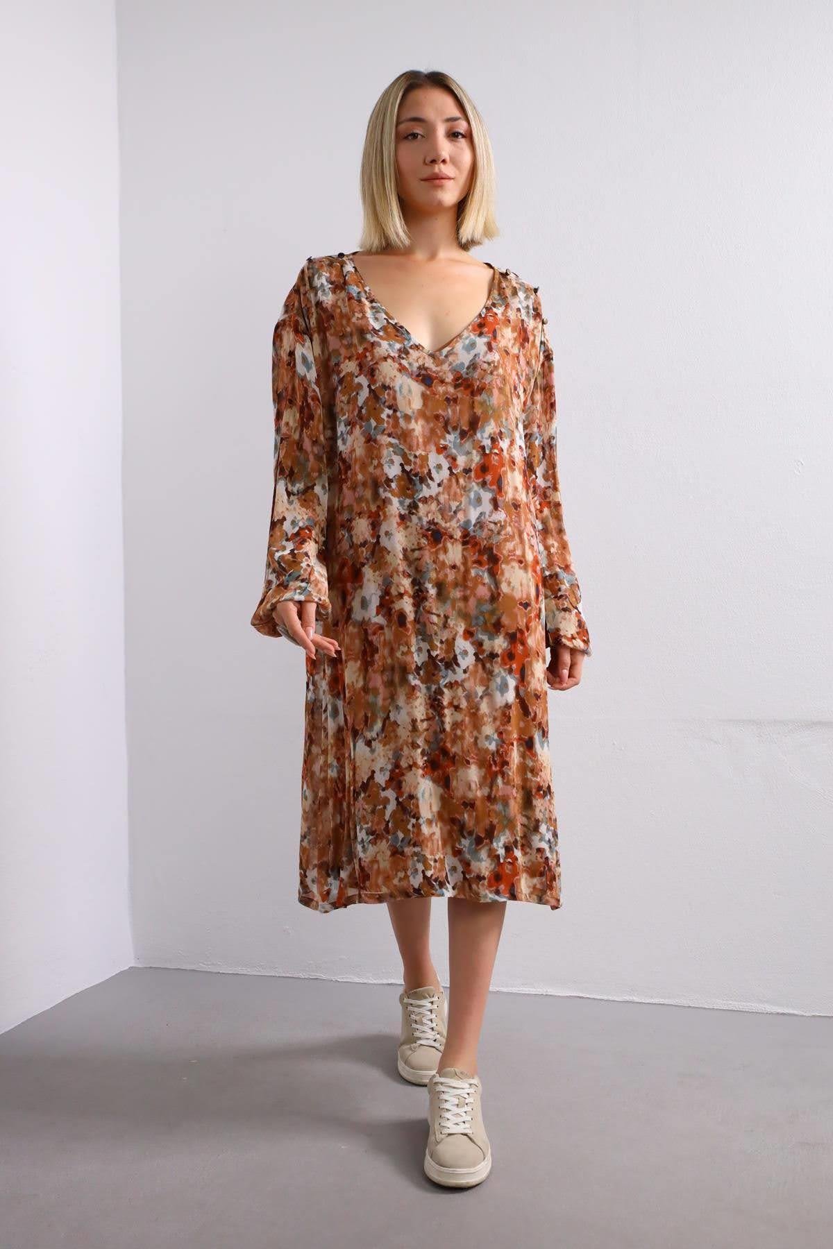 Kahverengi Batik Desenli Düğmeli Elbise - Şaman Butik Kahverengi Batik Desenli Düğmeli Elbise