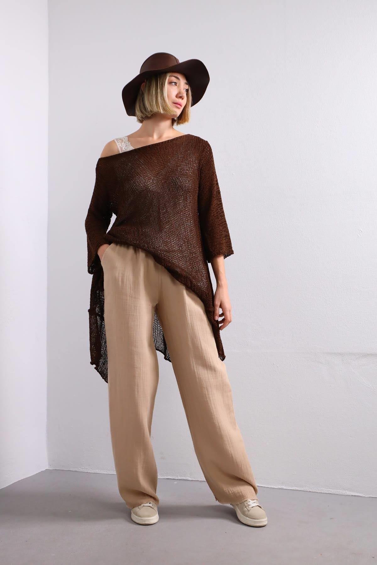 Brown Asymmetric Cut Mercerized Loose Blouse - Saman Butik | Shop Online Brown Asymmetric Cut Mercerized Loose Blouse