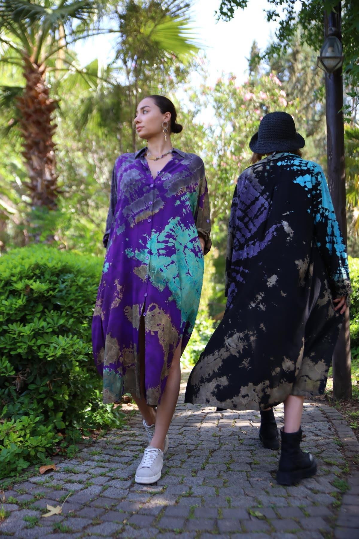 Mor Yırtmaçlı Batik Desenli Gömlek Elbise - Şaman Butik Mor Yırtmaçlı Batik Desenli Gömlek Elbise