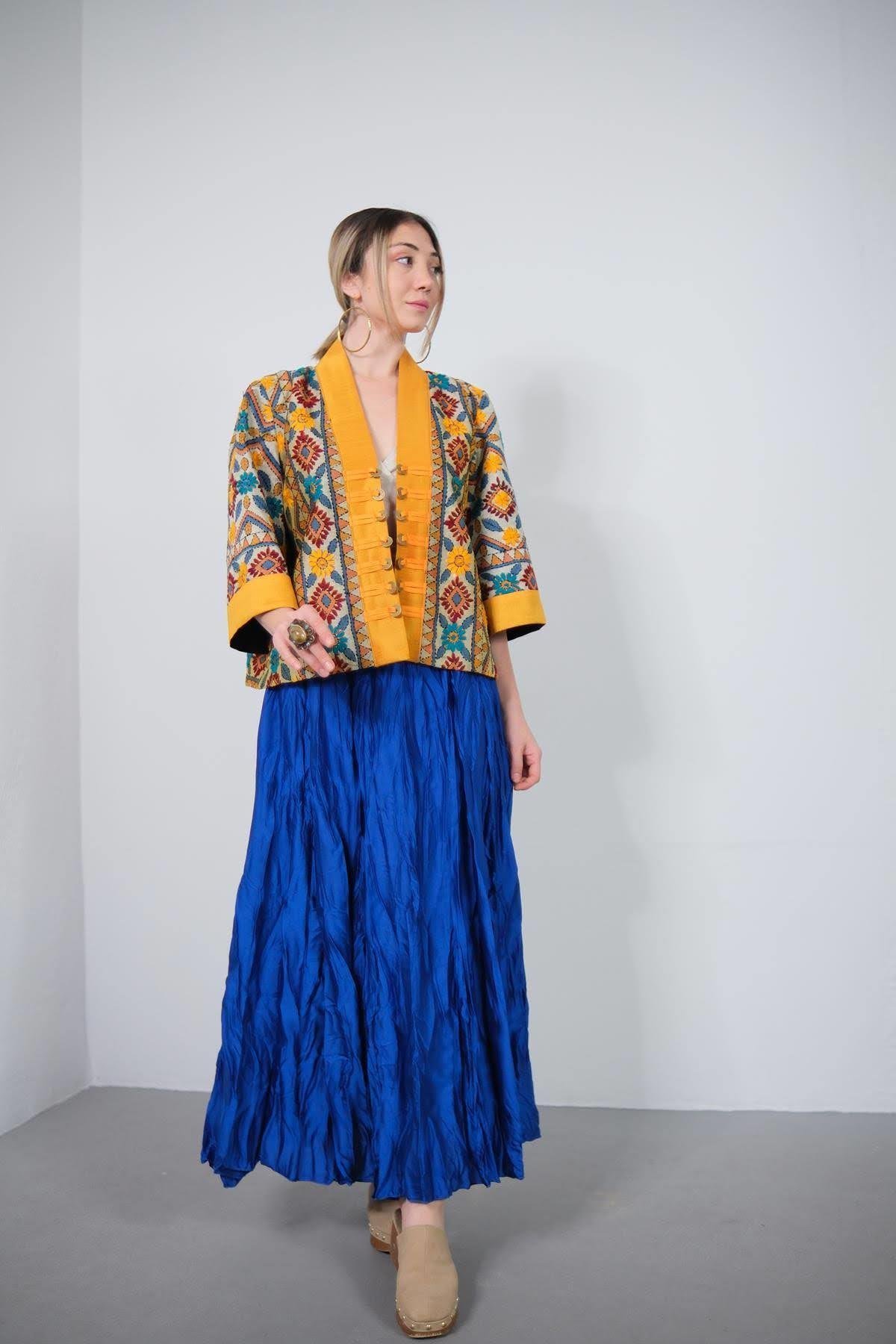 Hardal Rengi Otantik İşlemeli İpek Ceket - Şaman Butik Hardal Rengi Otantik İşlemeli İpek Ceket