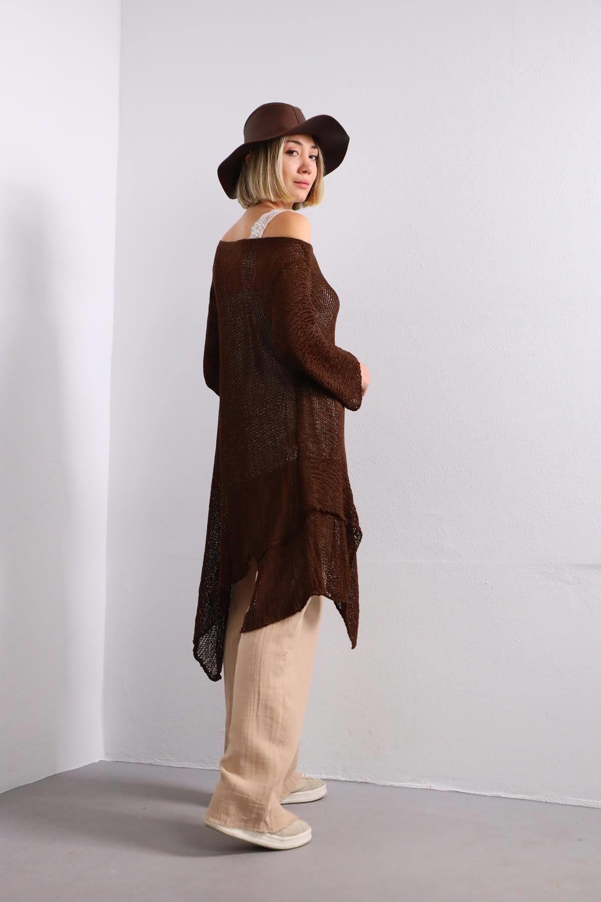 Brown Asymmetric Cut Mercerized Loose Blouse - Saman Butik | Shop Online Brown Asymmetric Cut Mercerized Loose Blouse