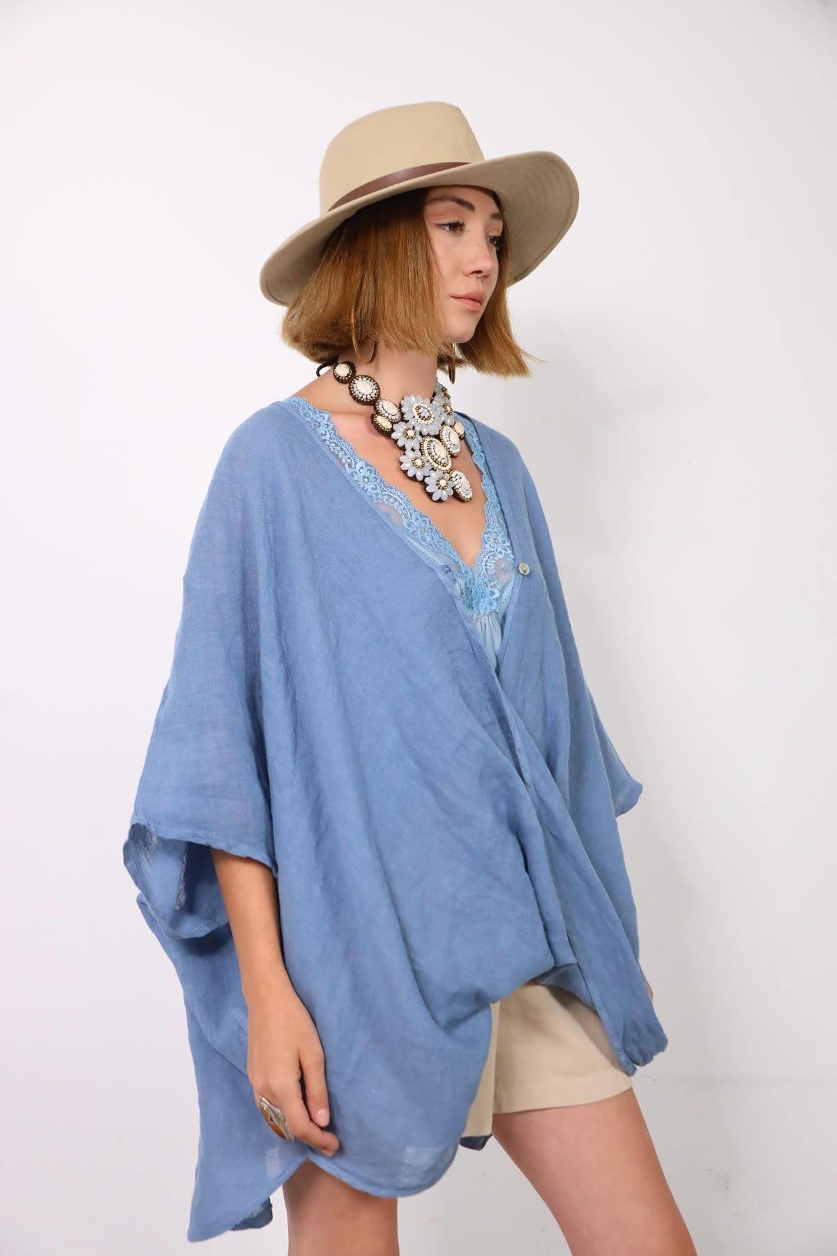 İndigo Blue One Button Linen Judith Blouse İndigo Blue One Button Linen Judith Blouse