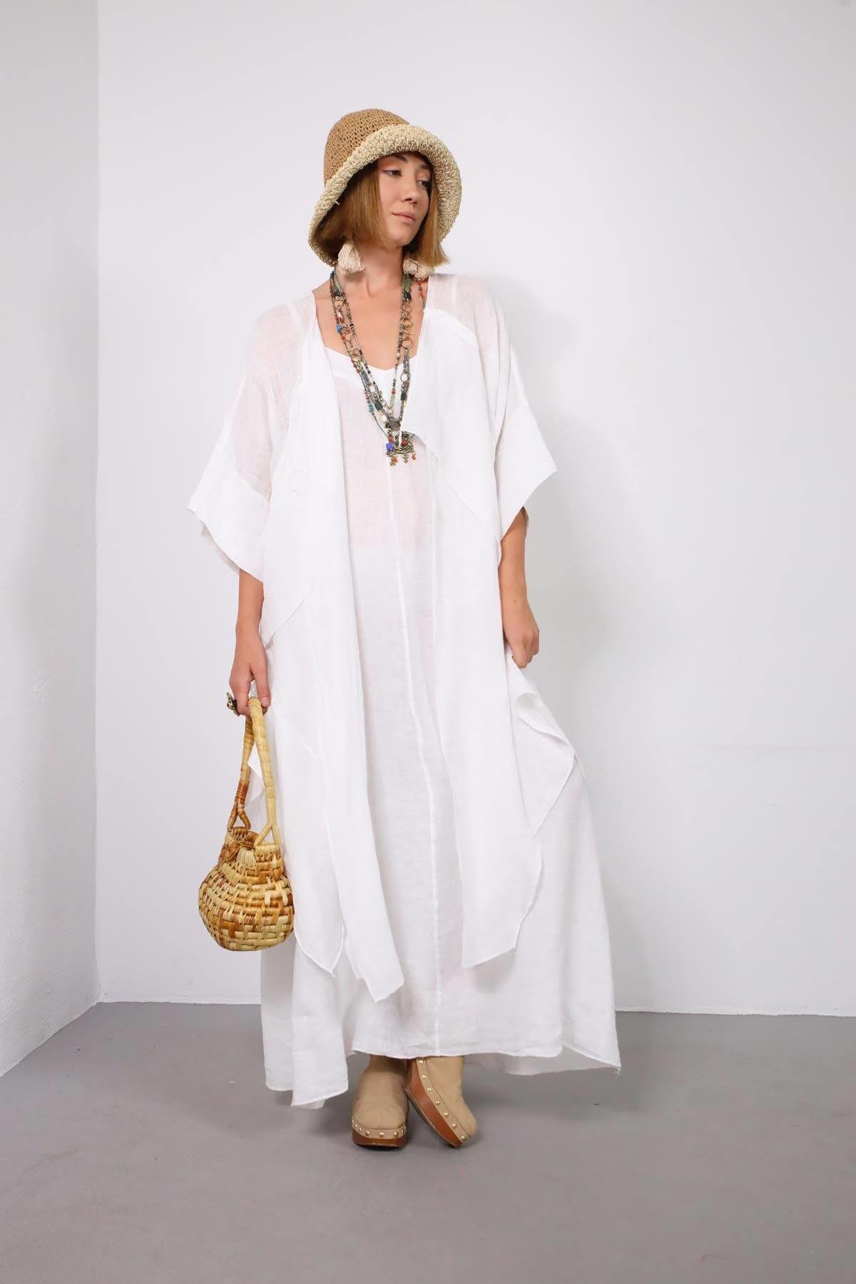 Beyaz Parça Detaylı Keten Kaftan - Şaman Butik Beyaz Parça Detaylı Keten Kaftan