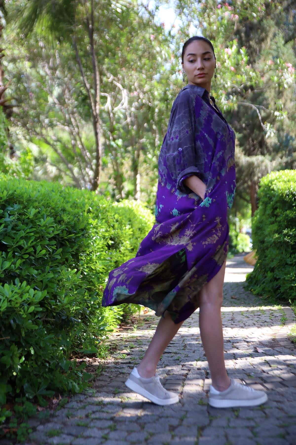 Mor Yırtmaçlı Batik Desenli Gömlek Elbise - Şaman Butik Mor Yırtmaçlı Batik Desenli Gömlek Elbise