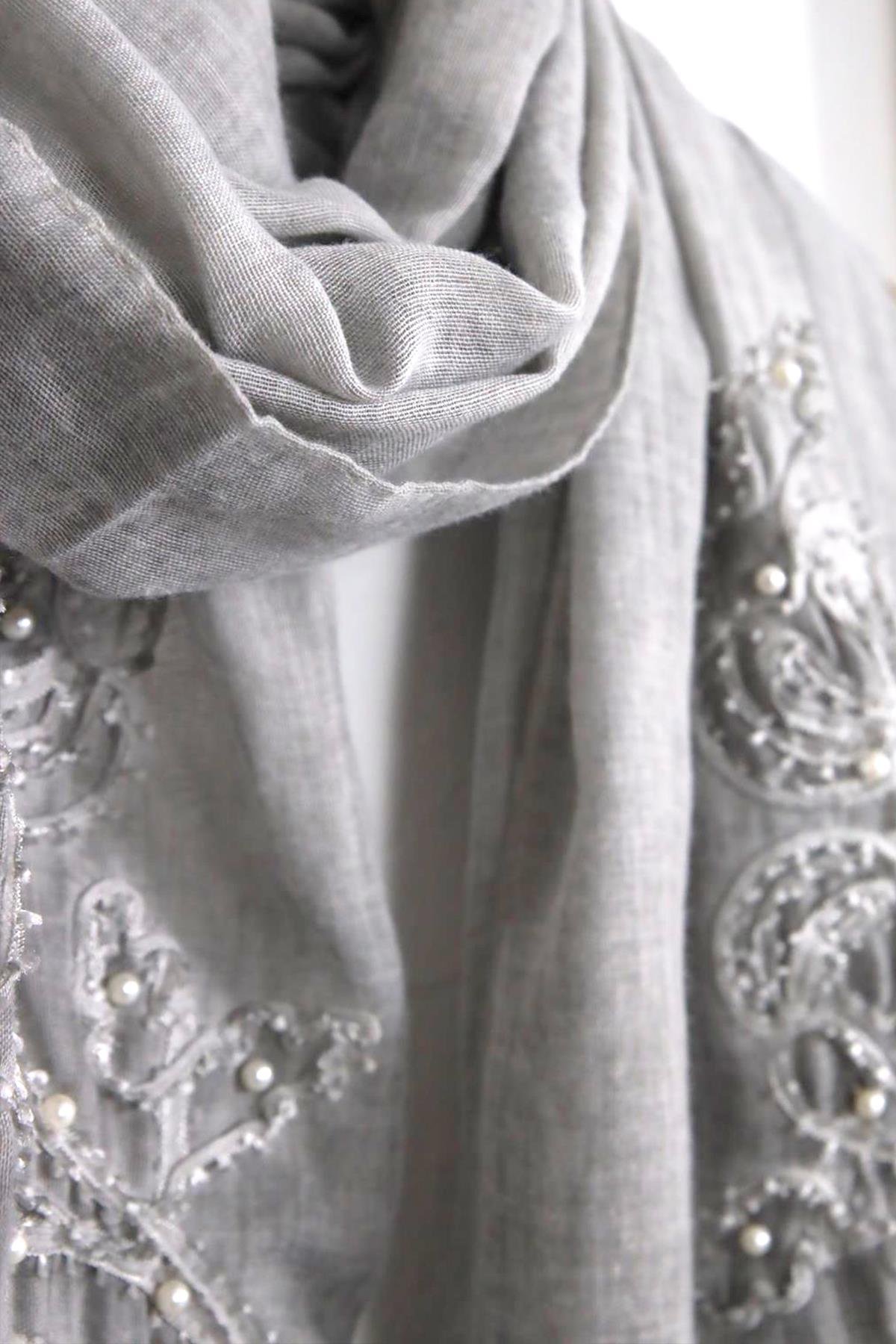Gray Net Detail Pearl Embroidered Shawl - Saman Butik | Shop Online Gray Net Detail Pearl Embroidered Shawl