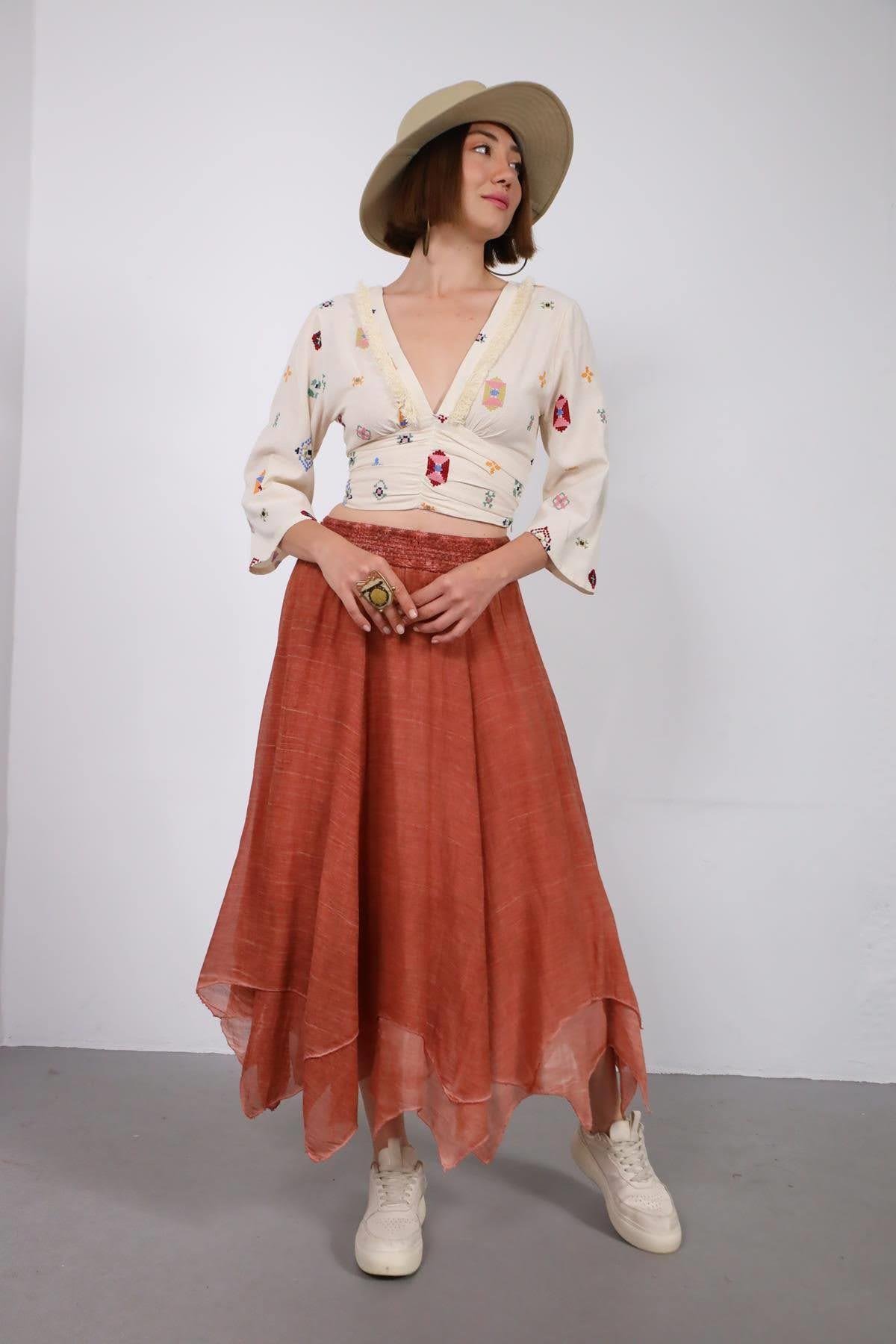 Burnt Orange Asymmetrical Cut Skirt - Saman Butik | Shop Online Burnt Orange Asymmetrical Cut Skirt