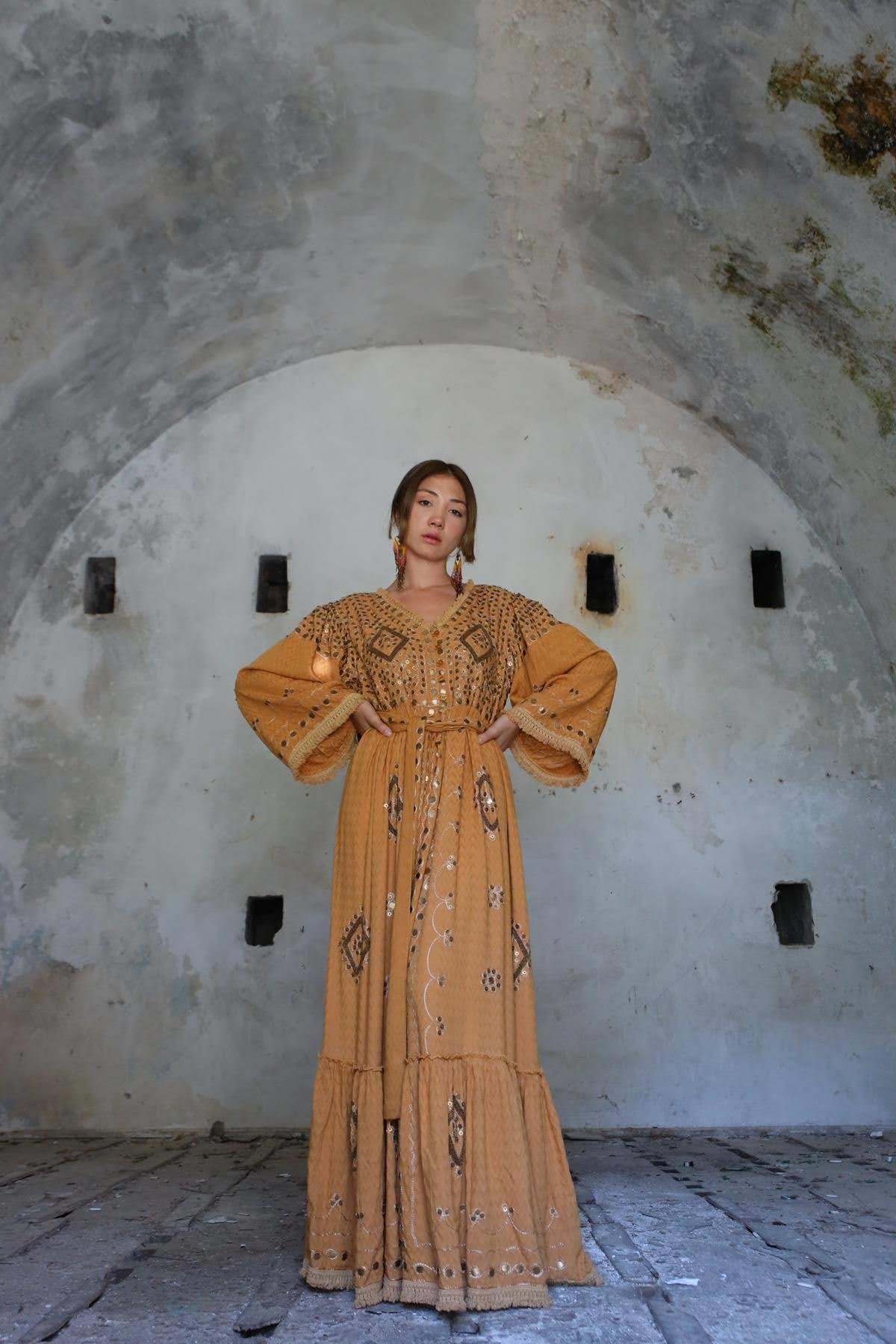 Camel Self-Patterned Embroidered Authentic Dress - Saman Butik | Shop Online Camel Self-Patterned Embroidered Authentic Dress