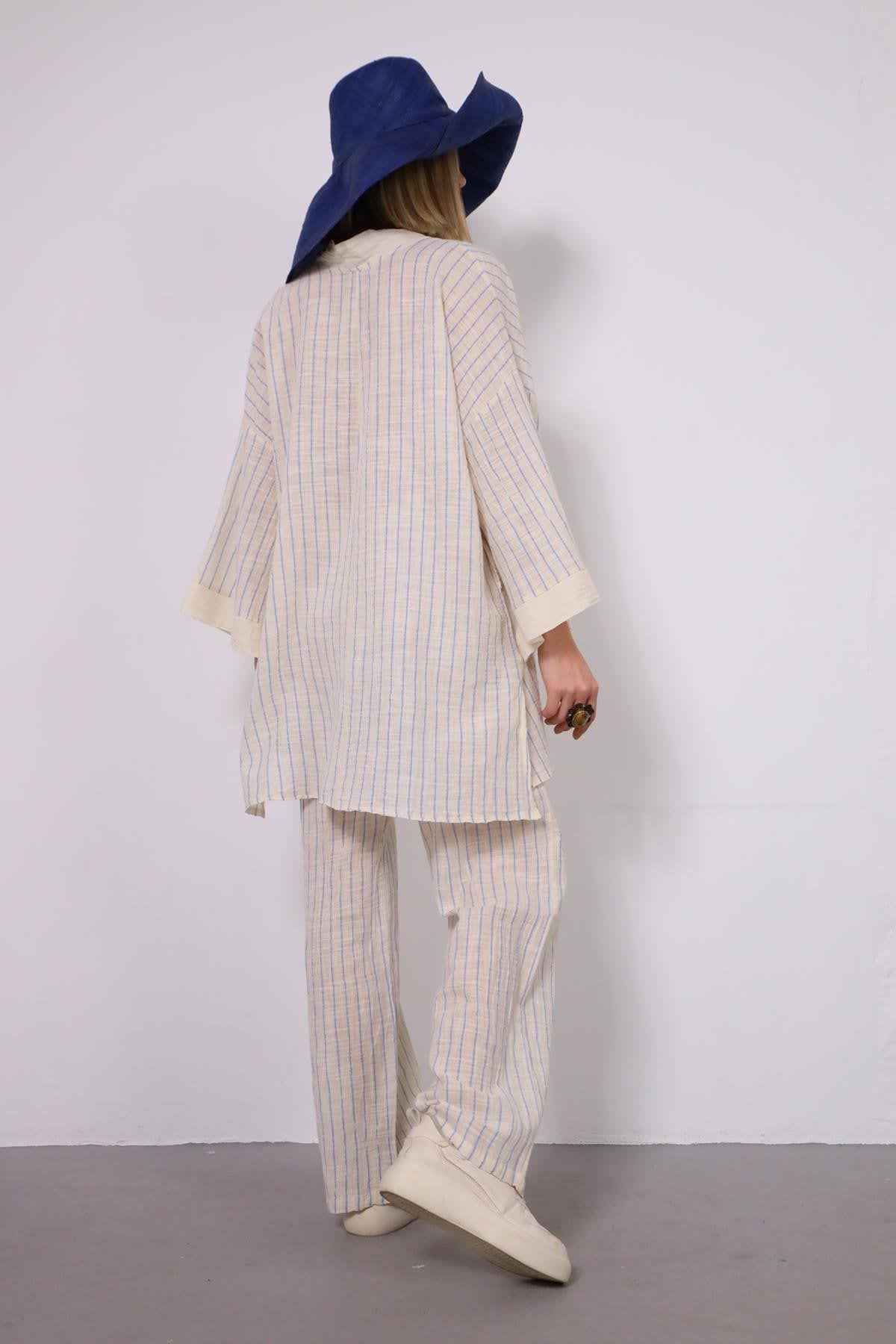 Mavi Çizgili Kimono - Şaman Butik Mavi Çizgili Kimono