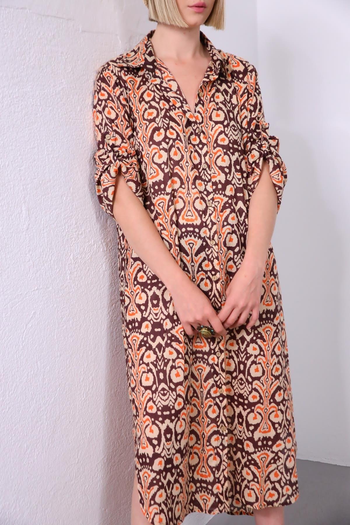 Bej Kolları Apoletli Otantik Desenli Gömlek Elbise - Şaman Butik Bej Kolları Apoletli Otantik Desenli Gömlek Elbise