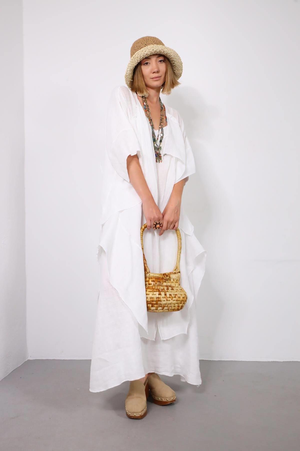 Beyaz Parça Detaylı Keten Kaftan - Şaman Butik Beyaz Parça Detaylı Keten Kaftan