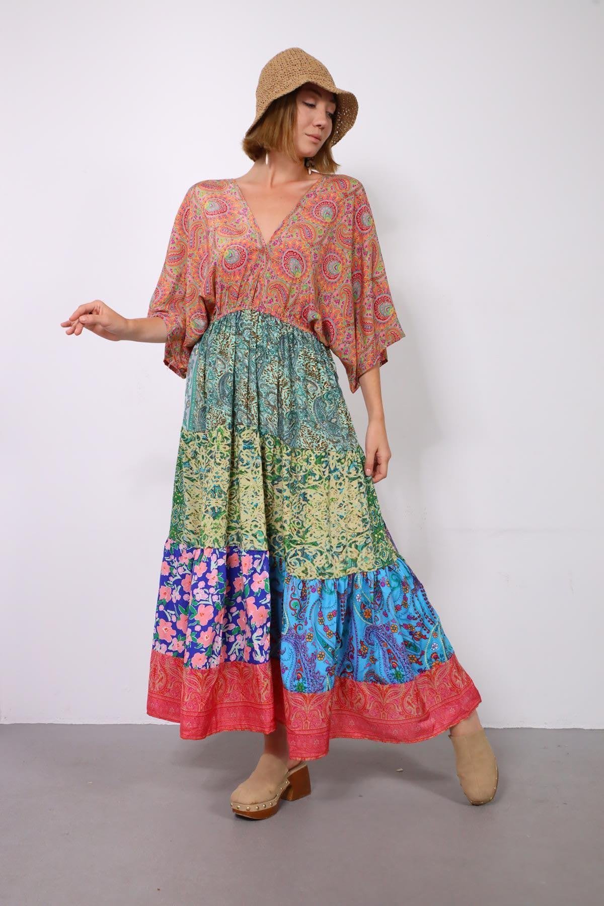 Renkli Önü ve Arkası V Yaka Patchwork İpek Elbise - Şaman Butik Renkli Önü ve Arkası V Yaka Patchwork İpek Elbise