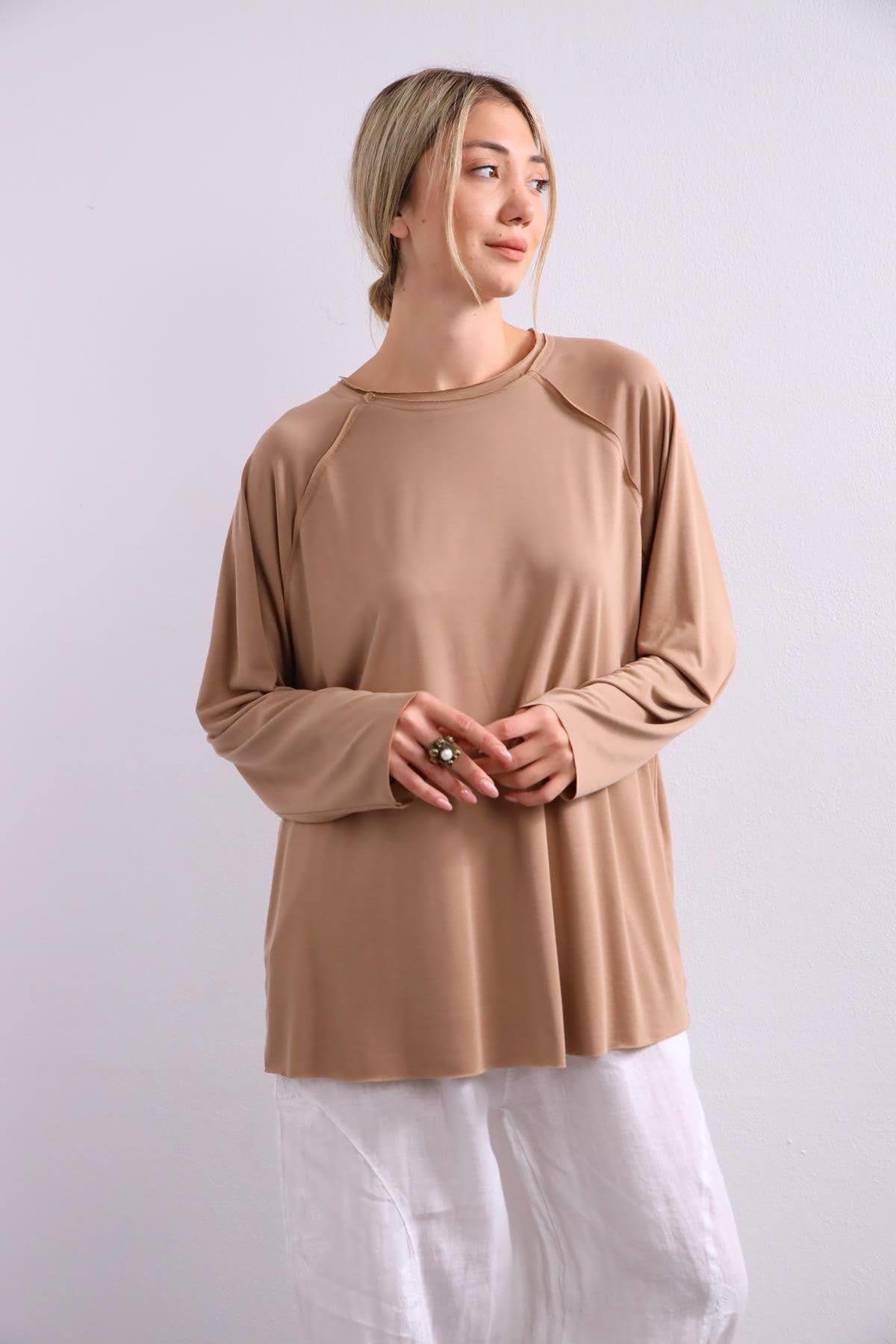 Camel Rengi Dikişli Salaş Bluz - Şaman Butik Camel Rengi Dikişli Salaş Bluz