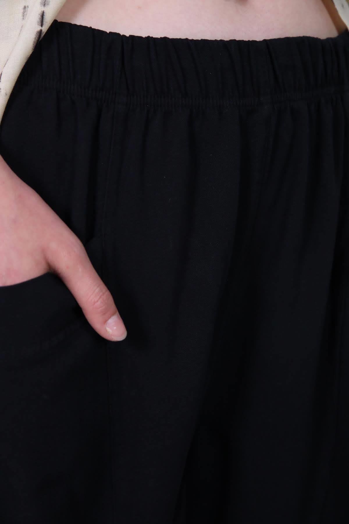  Siyah Beli Lastikli Çift Cepli Gabardin Pantolon