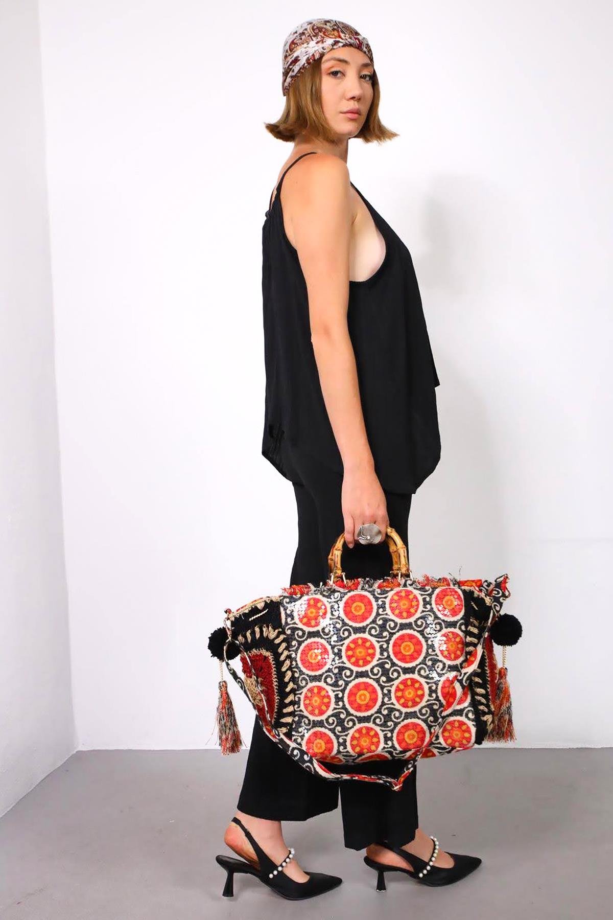 Siyah İşlemeli Bohem Çanta - Şaman Butik Siyah İşlemeli Bohem Çanta