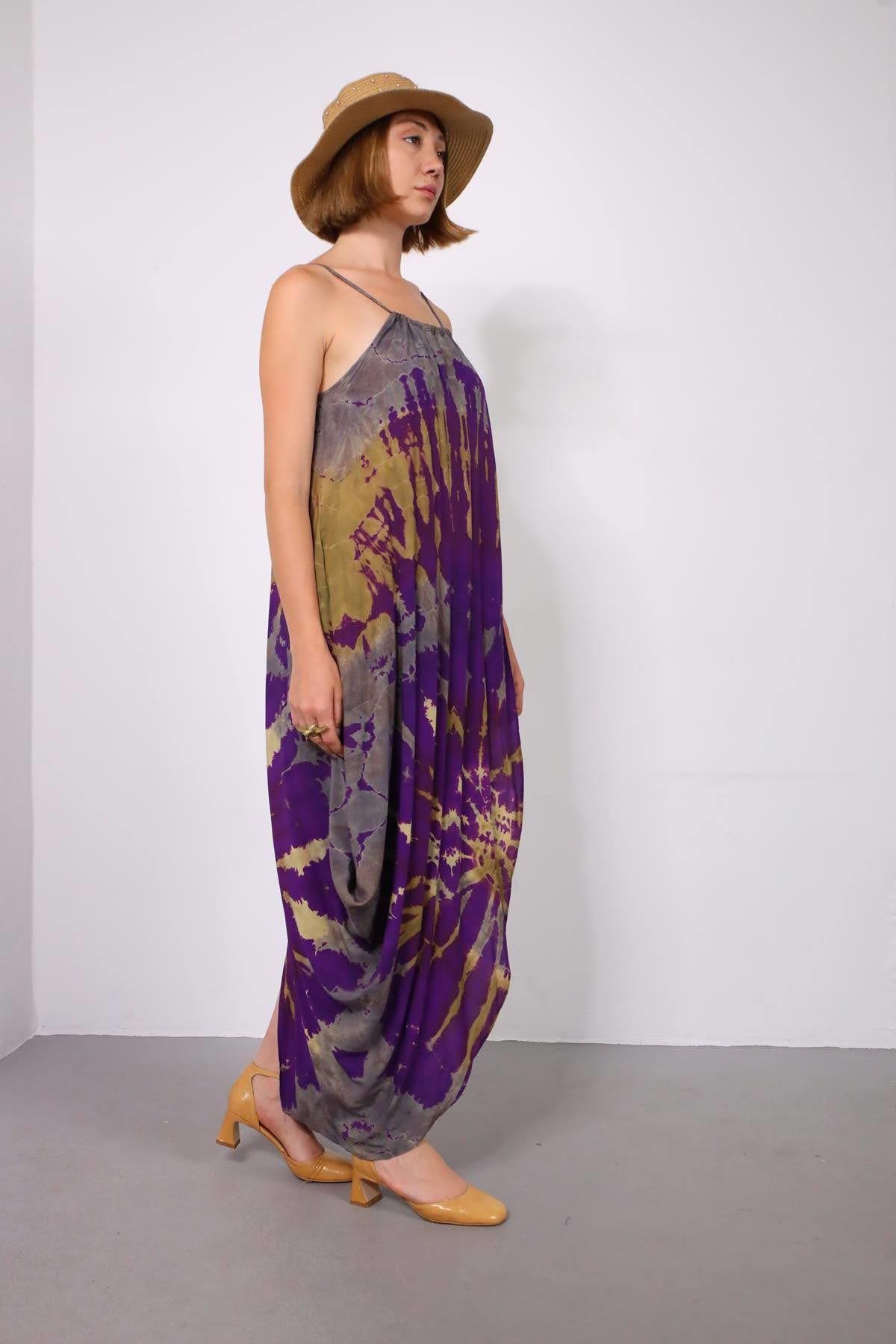 Mor Batikli Yırtmaçlı Elbise - Şaman Butik Mor Batikli Yırtmaçlı Elbise