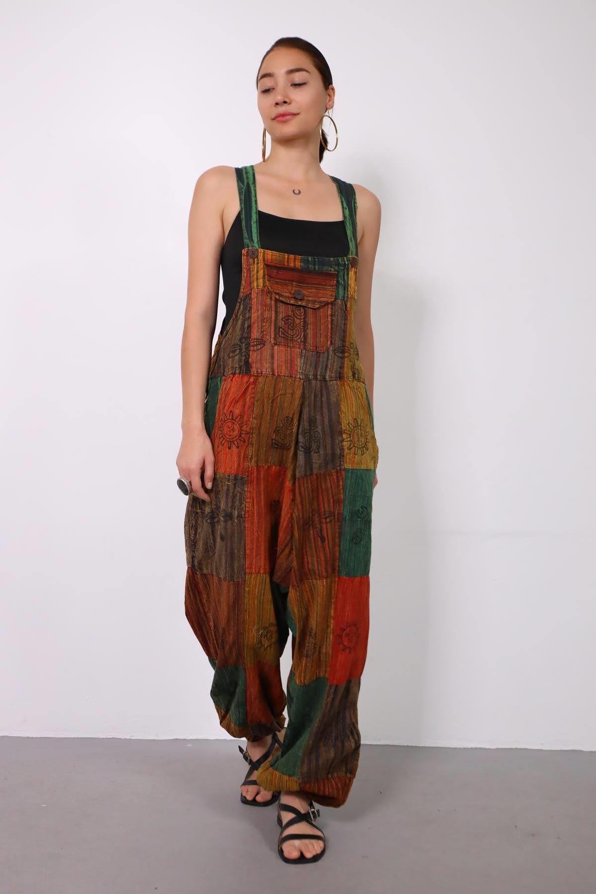 Renkli Yıkama Patchwork Tulum - Şaman Butik Renkli Yıkama Patchwork Tulum