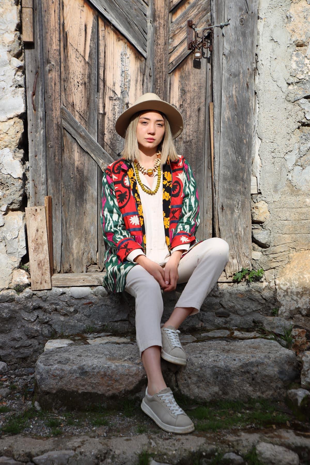 Yeşil Suzani Kısa Kaftan - Şaman Butik Yeşil Suzani Kısa Kaftan