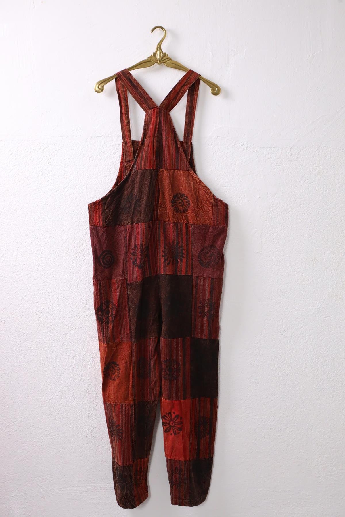  Kiremit Rengi Yıkama Patchwork Tulum