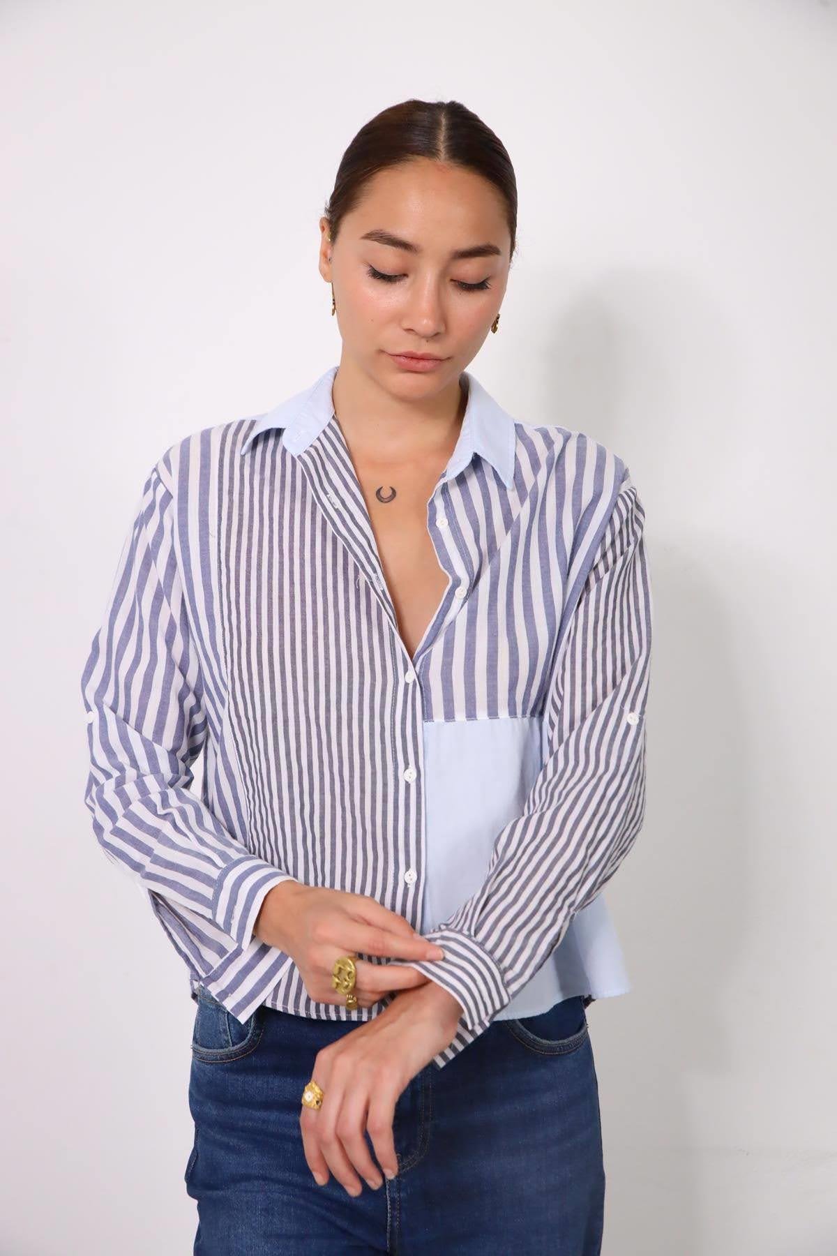 Mavi Yakalı Çizgili Gömlek - Şaman Butik Mavi Yakalı Çizgili Gömlek